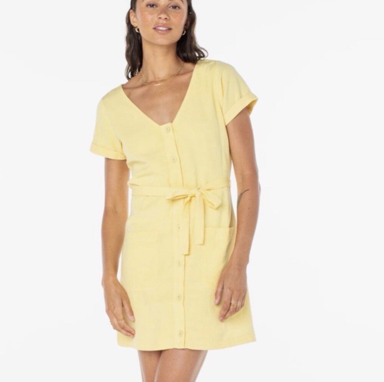 Roxy Kona Mini Dress NWT size Small in Snapdragon Yellow Button Front Belted