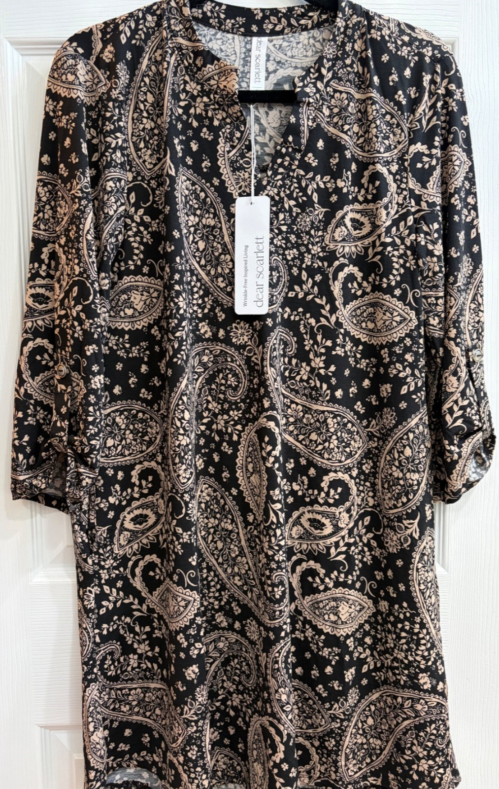 NEW DEAR SCARLETT 3/4 SLEEVE ROLL TAB SPLIT NECK DRESS WITH POCKETS SMALL