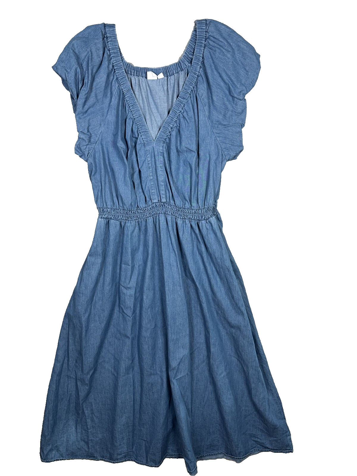 GAP Large Womens Dress Puff Sleeve Denim Midi V-Neck 100% Cotton Medium Wash