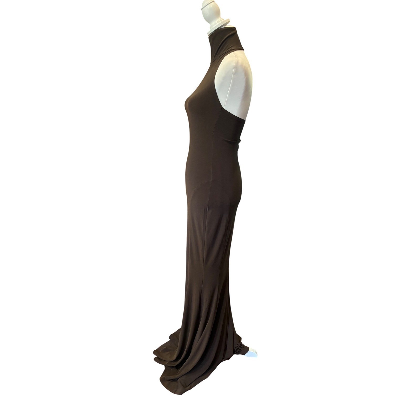 Norma Kamali Halter Turtle Fishtail Gown in Chocolate Size XXS