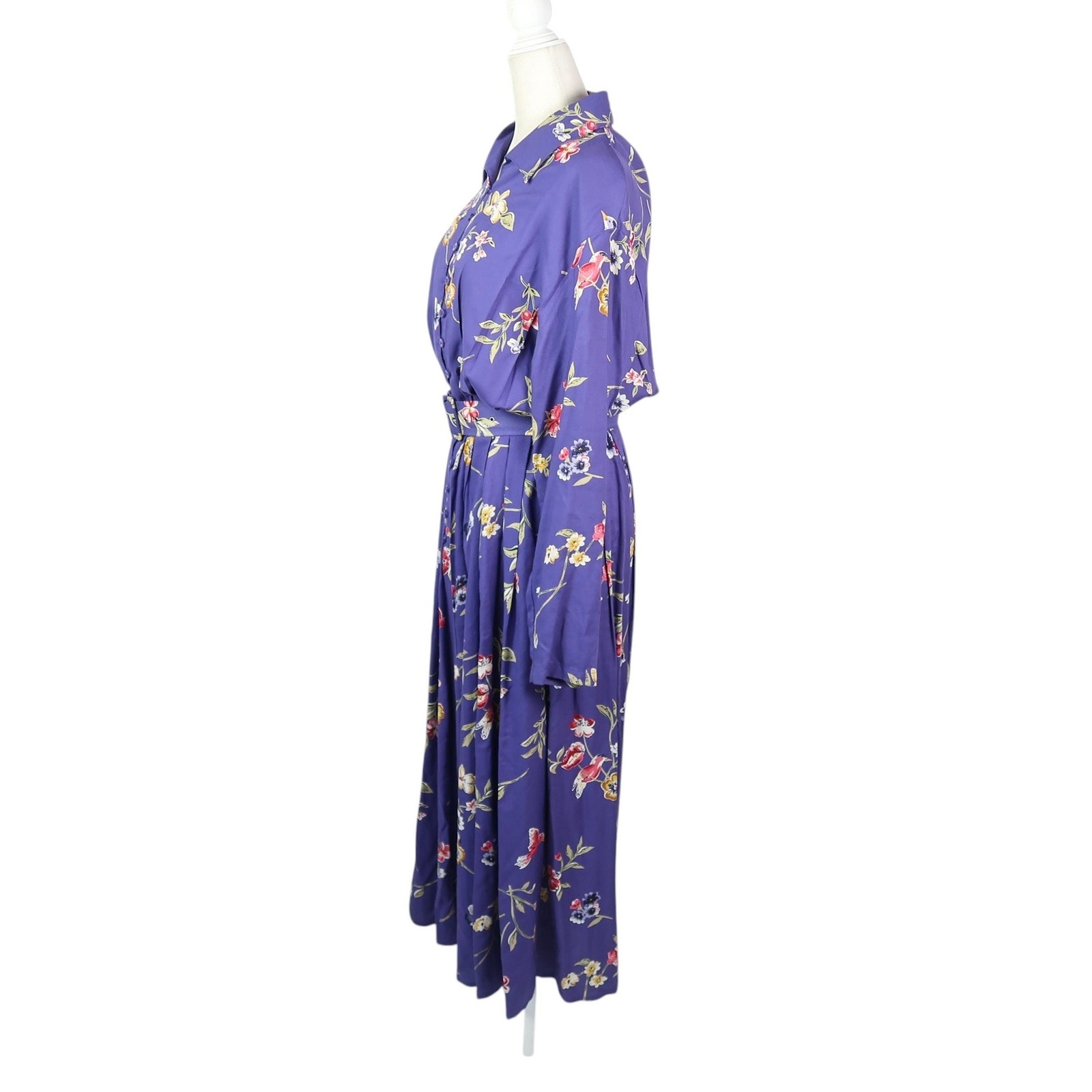 Vintage 90s Together! Purple Floral Bird Print Maxi Shirt Dress 8
