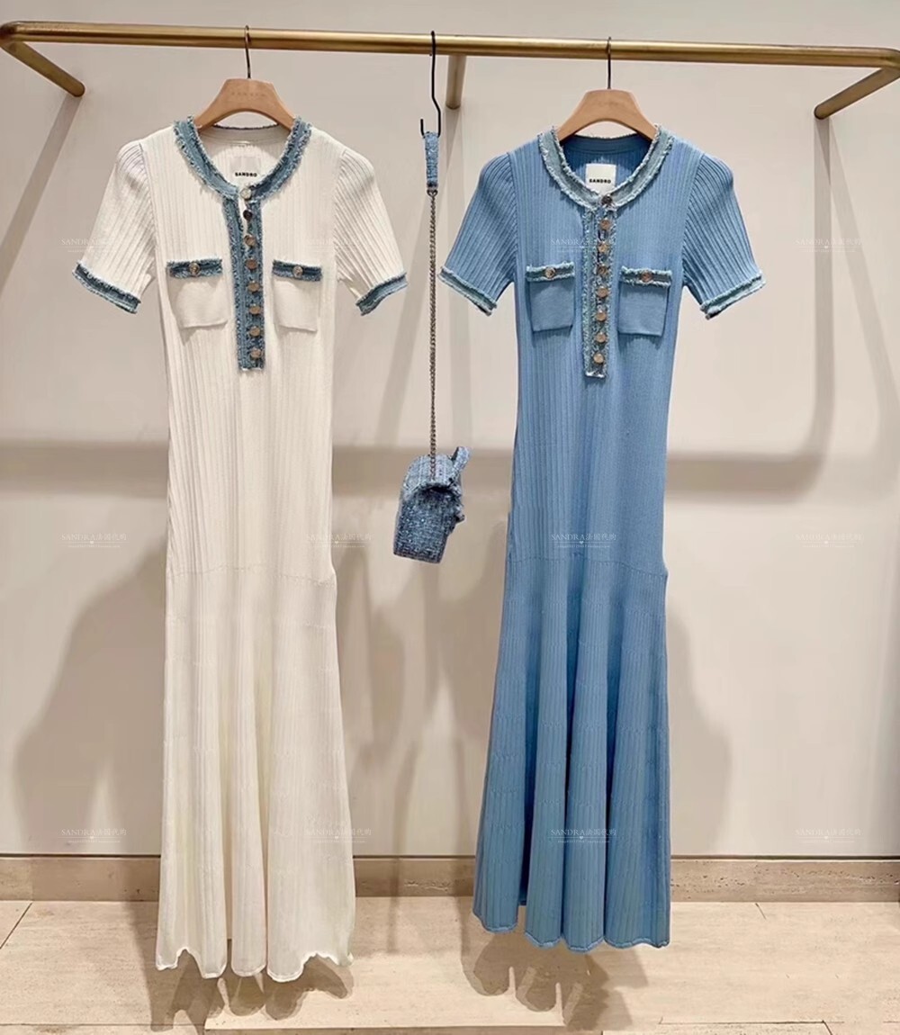 NEW Sandro Denim patchwork knit Short sleeve long dress Women’s