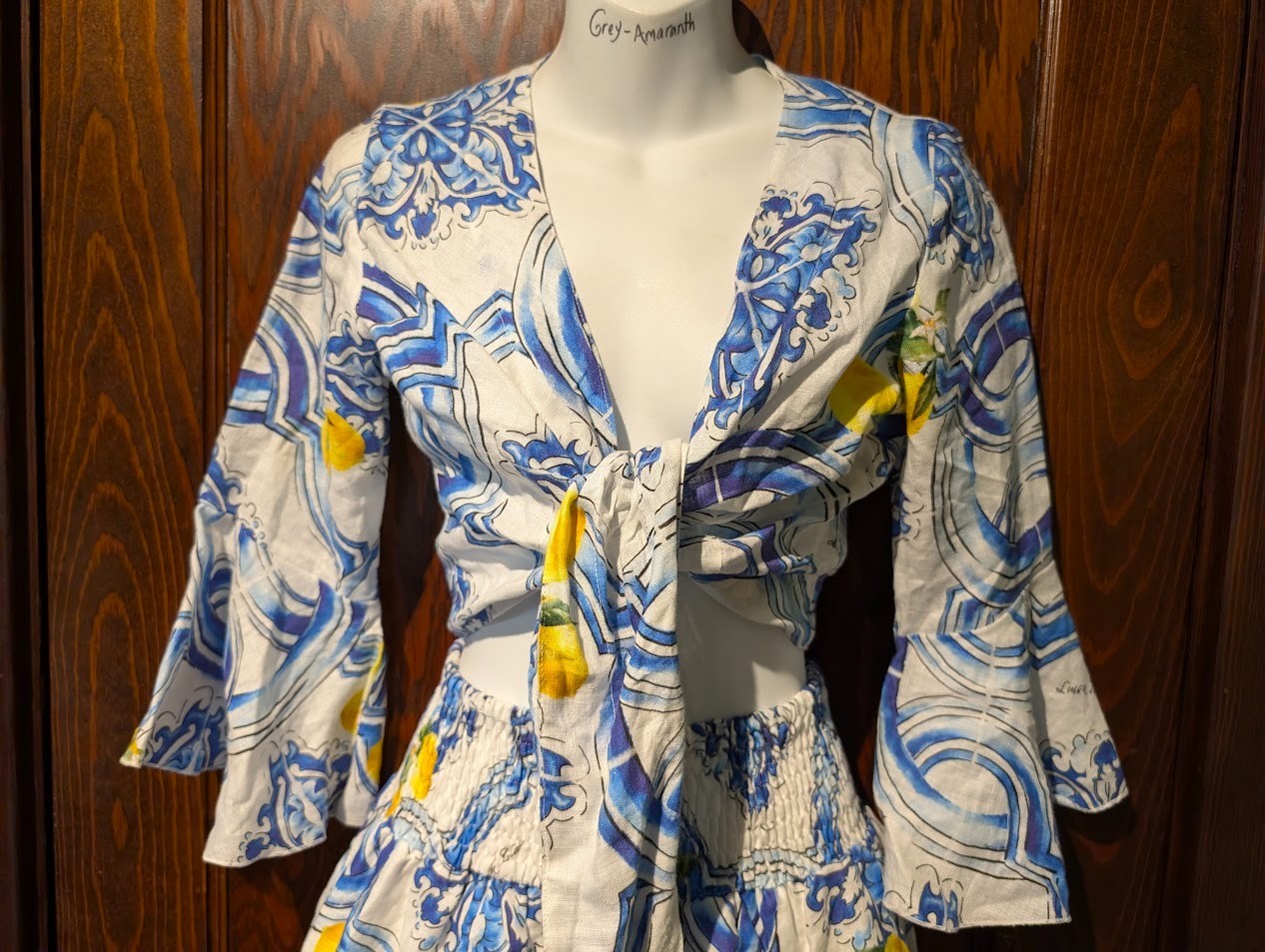 LUISA POSITANO 2pc Dress Wrap Crop Top/ Tiered Mini Skirt Set Sicilian Lemon 4E