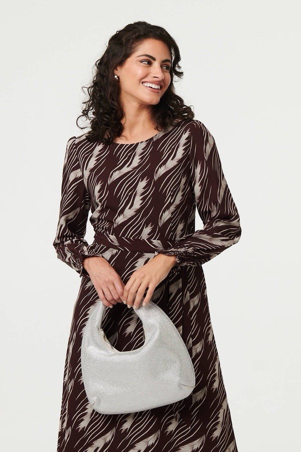 Izabel London Brown Abstract Georgette Maxi Dress Round Neck Belted UK 8 RRP £45