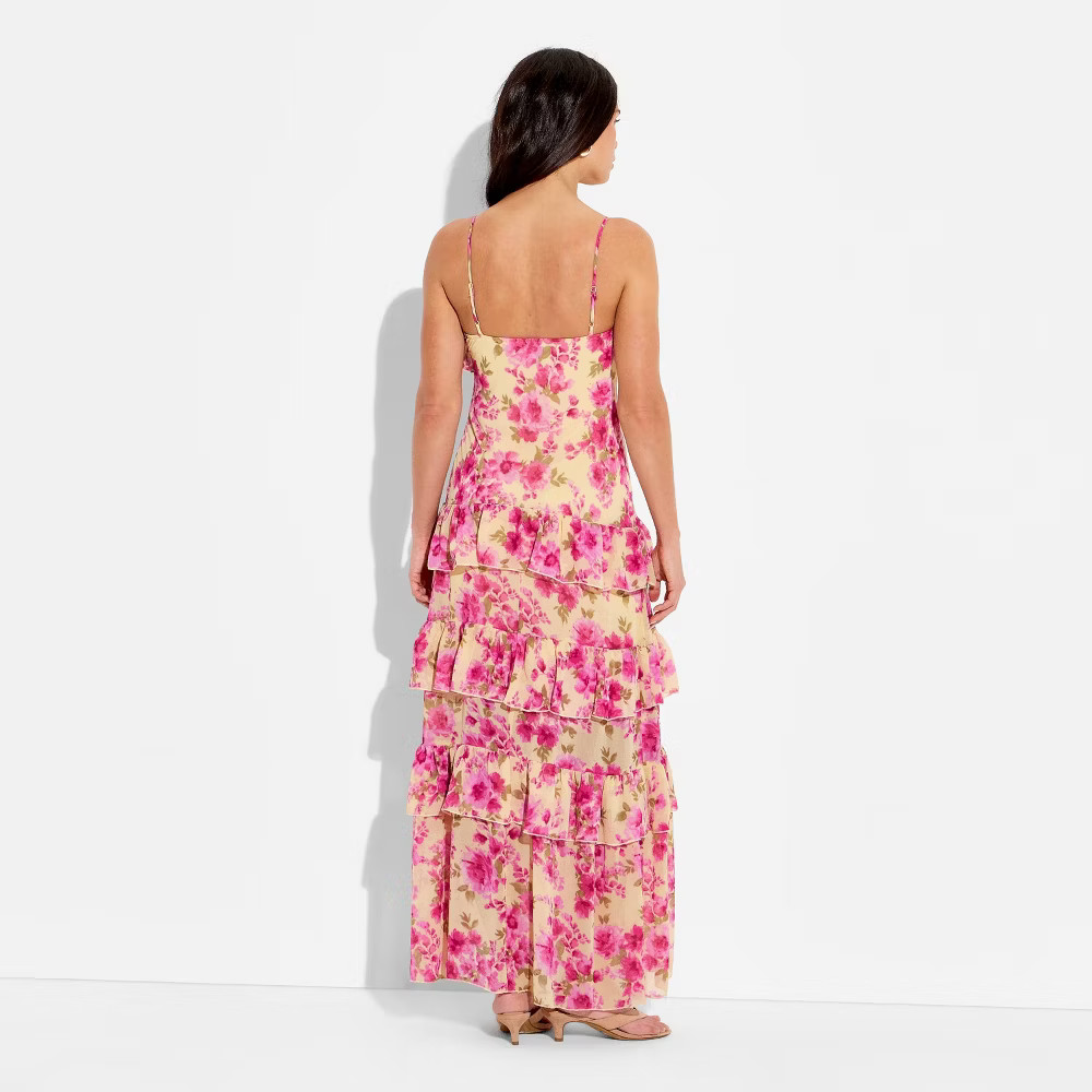 Women Flounce Tiered Maxi A-Line Dress – Wild Fable Yellow Floral M