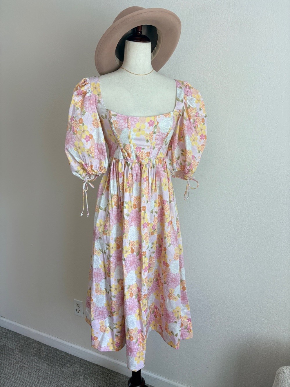 For Love and Lemons Carrie Floral Square-Neck Pink Puff-Sleeve Midi Dress