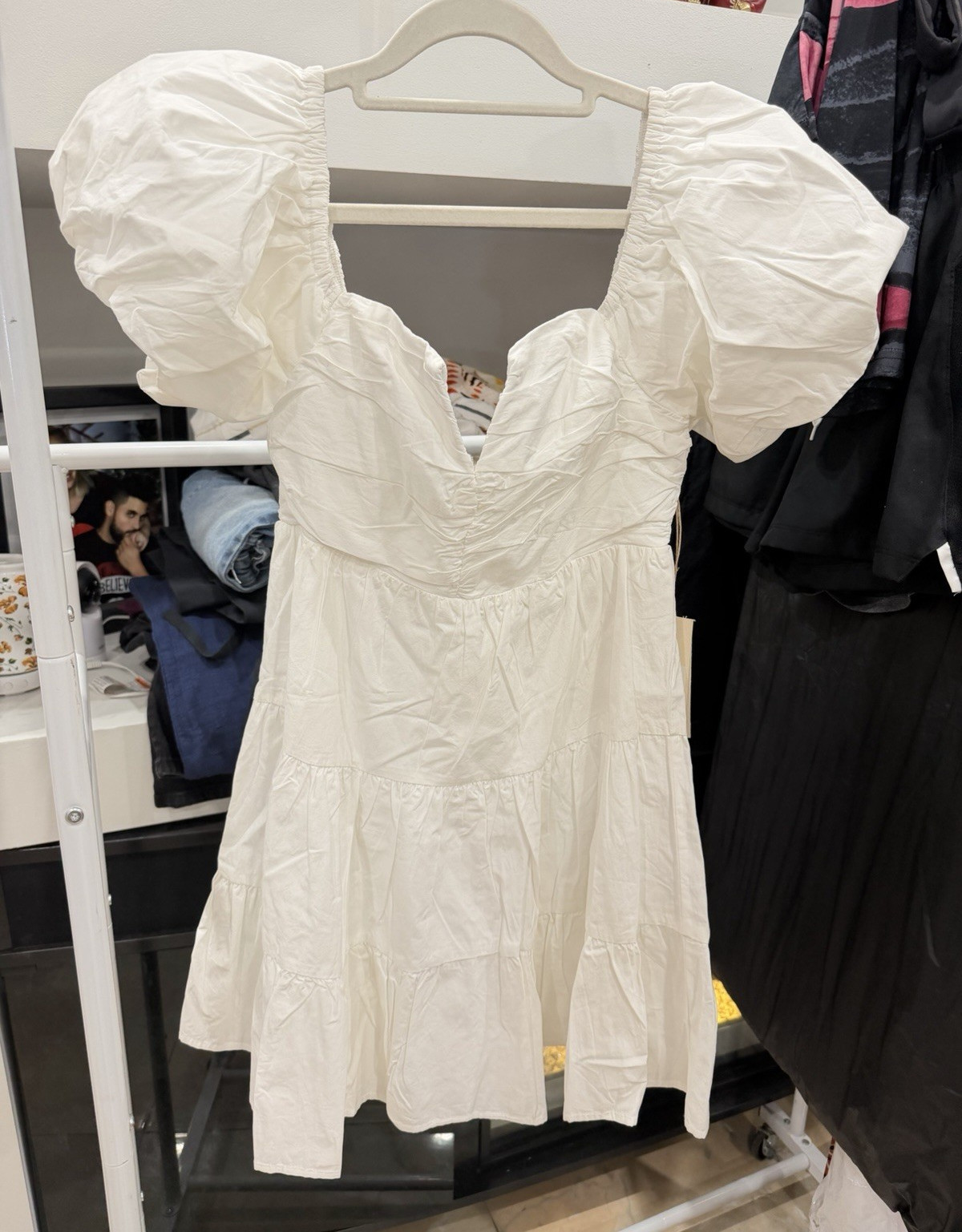 Blue Element White Solid Sweetheart Puff Short Sleeve Ruffle Mini Dress XS