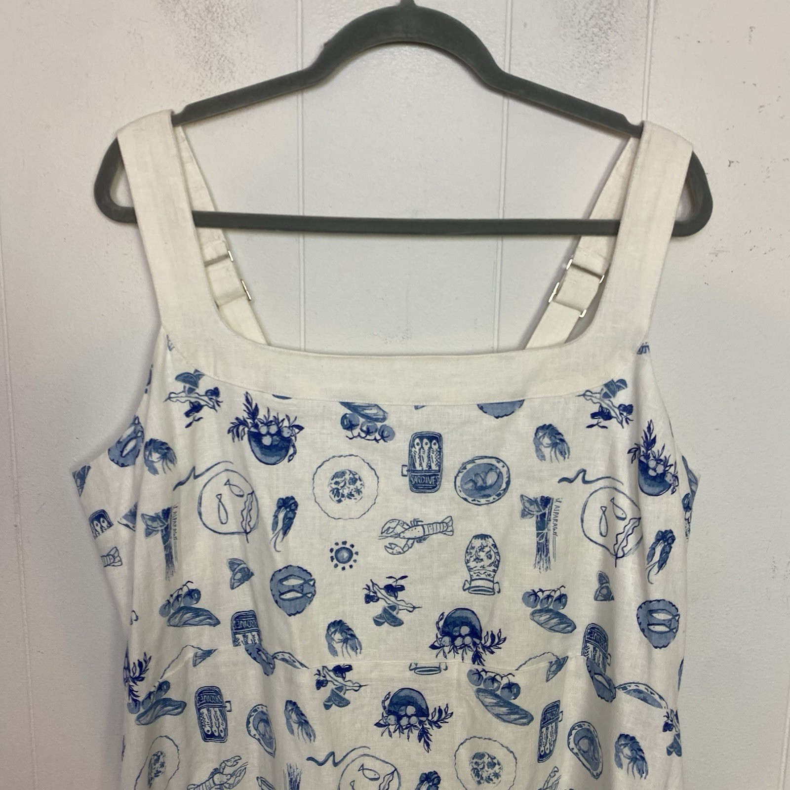 Abercrombie & Fitch Linen cotton Wide Strap Printed Mini Dress XXLp white blue