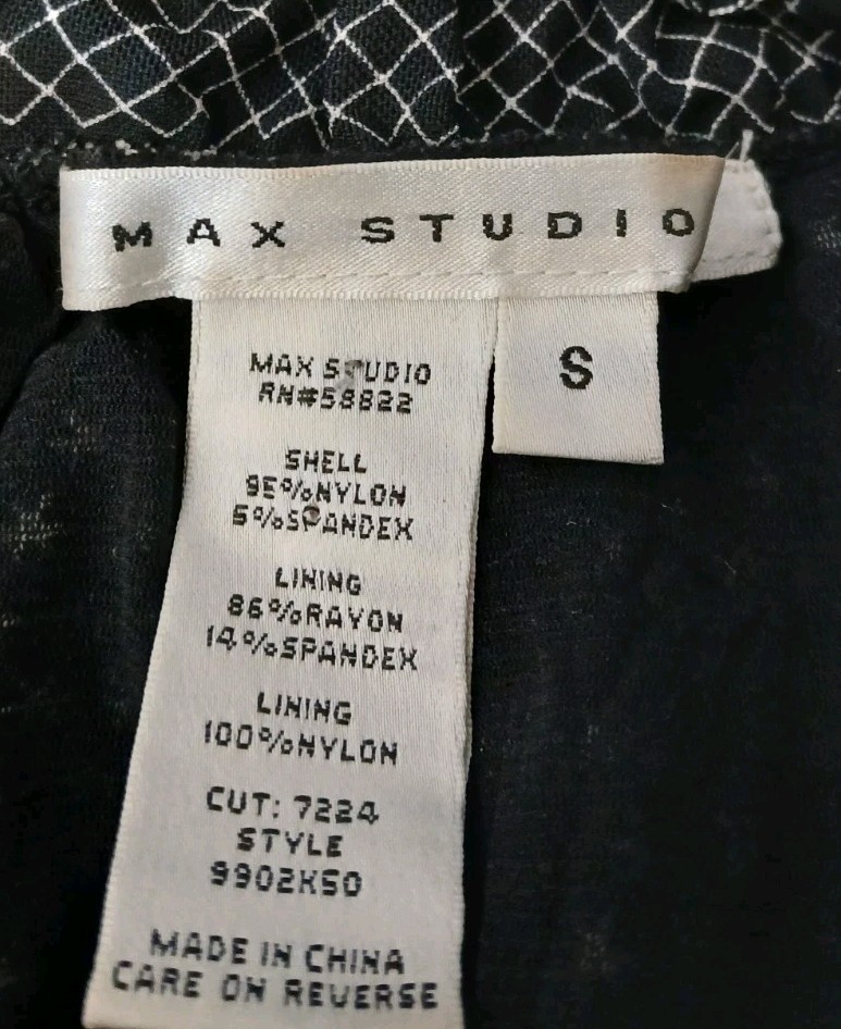 Max Studio Dress S Peasant Puff Sleeve Black White Star Print Nylon Mesh Ruffle