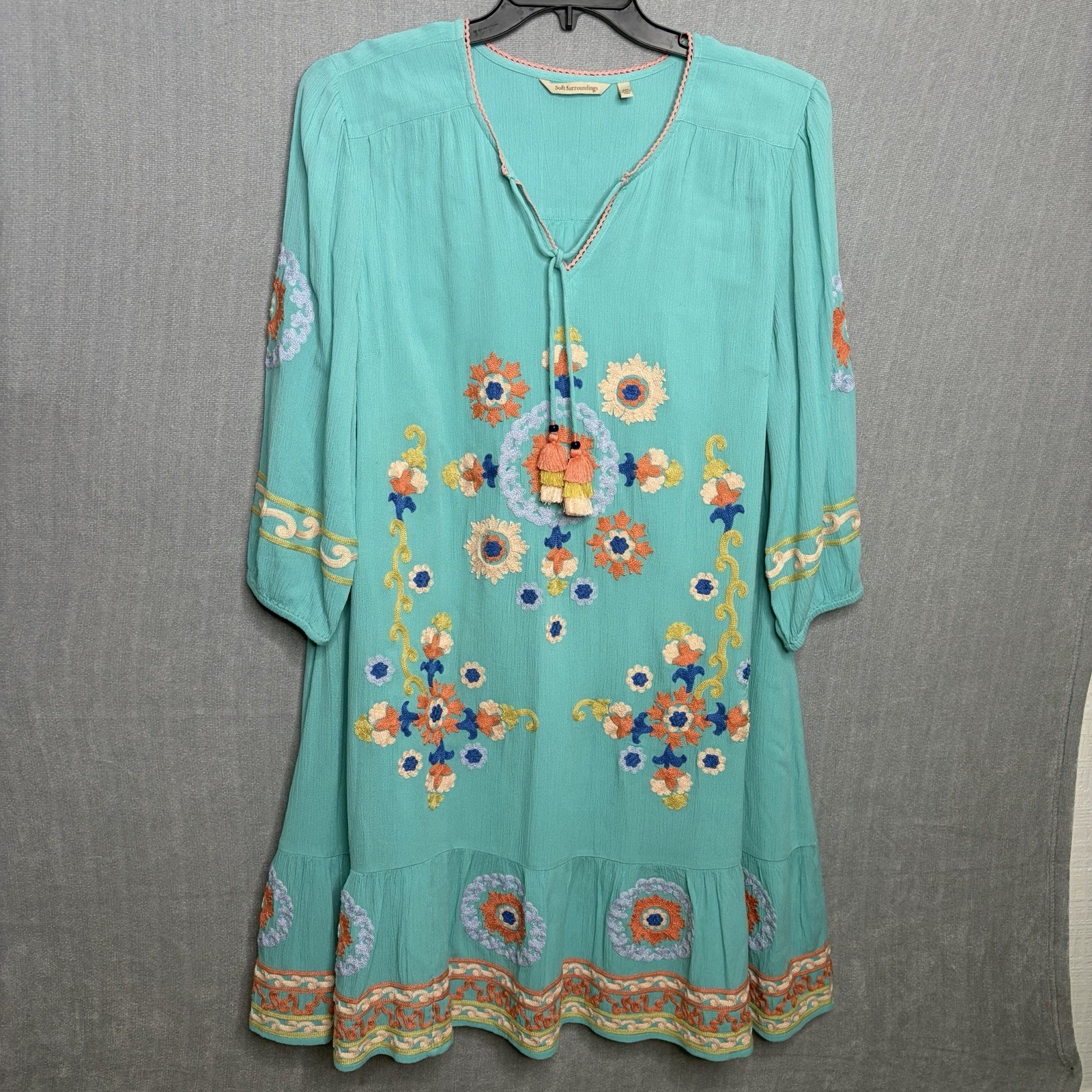 Soft Surroundings Artisan Embroidered Boho Tunic Dress Turquoise Size P XL Beach