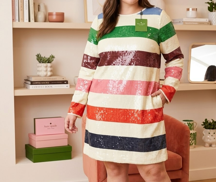 NWT KATE SPADE 14 Green Blue Red Pink Adventure Stripe Sequin Shift Mini Dress