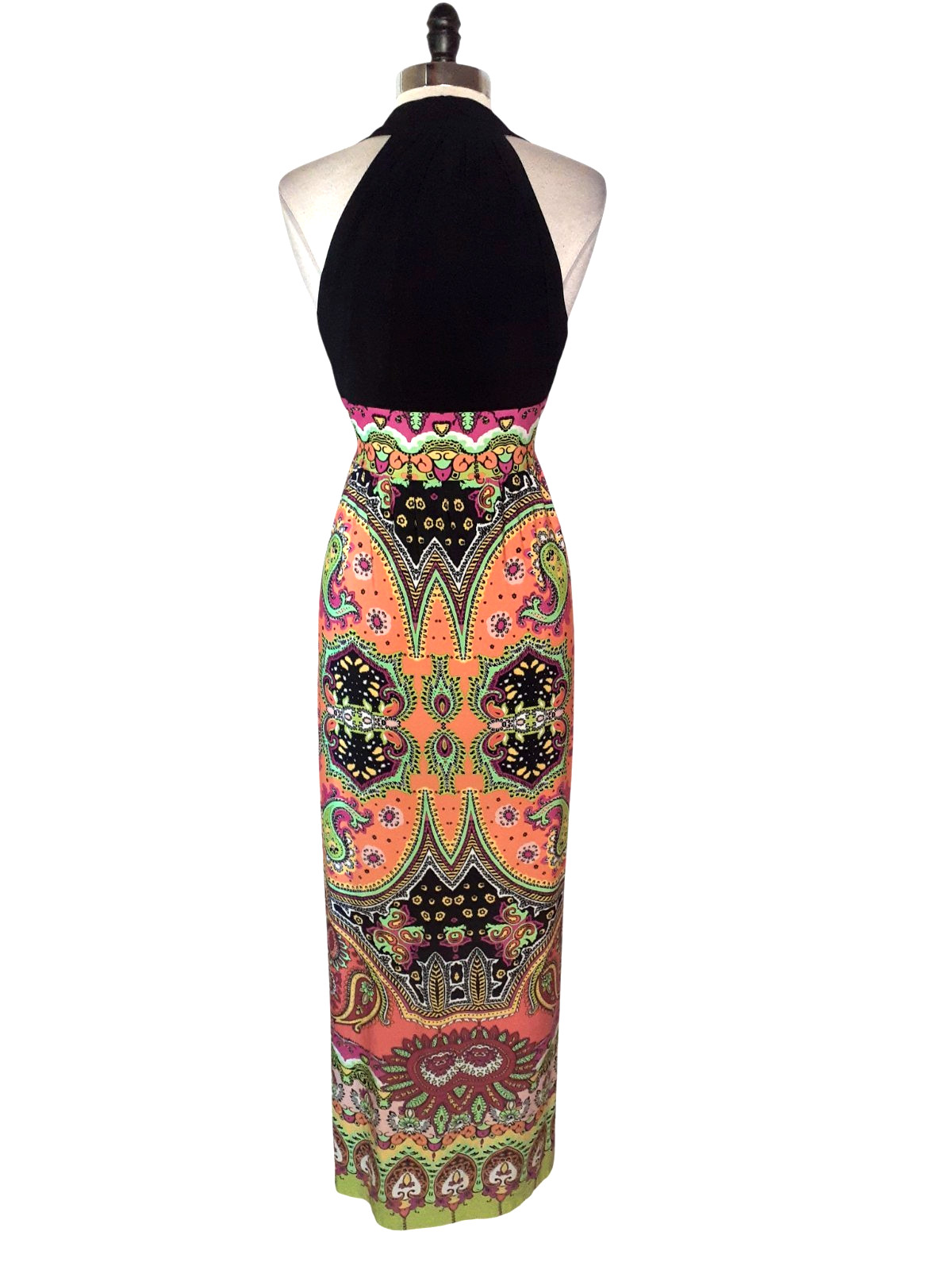 NEW RONNI NICOLE Sz 12 Maxi Dress Black Orange Green Paisley Sleeveless Stretch