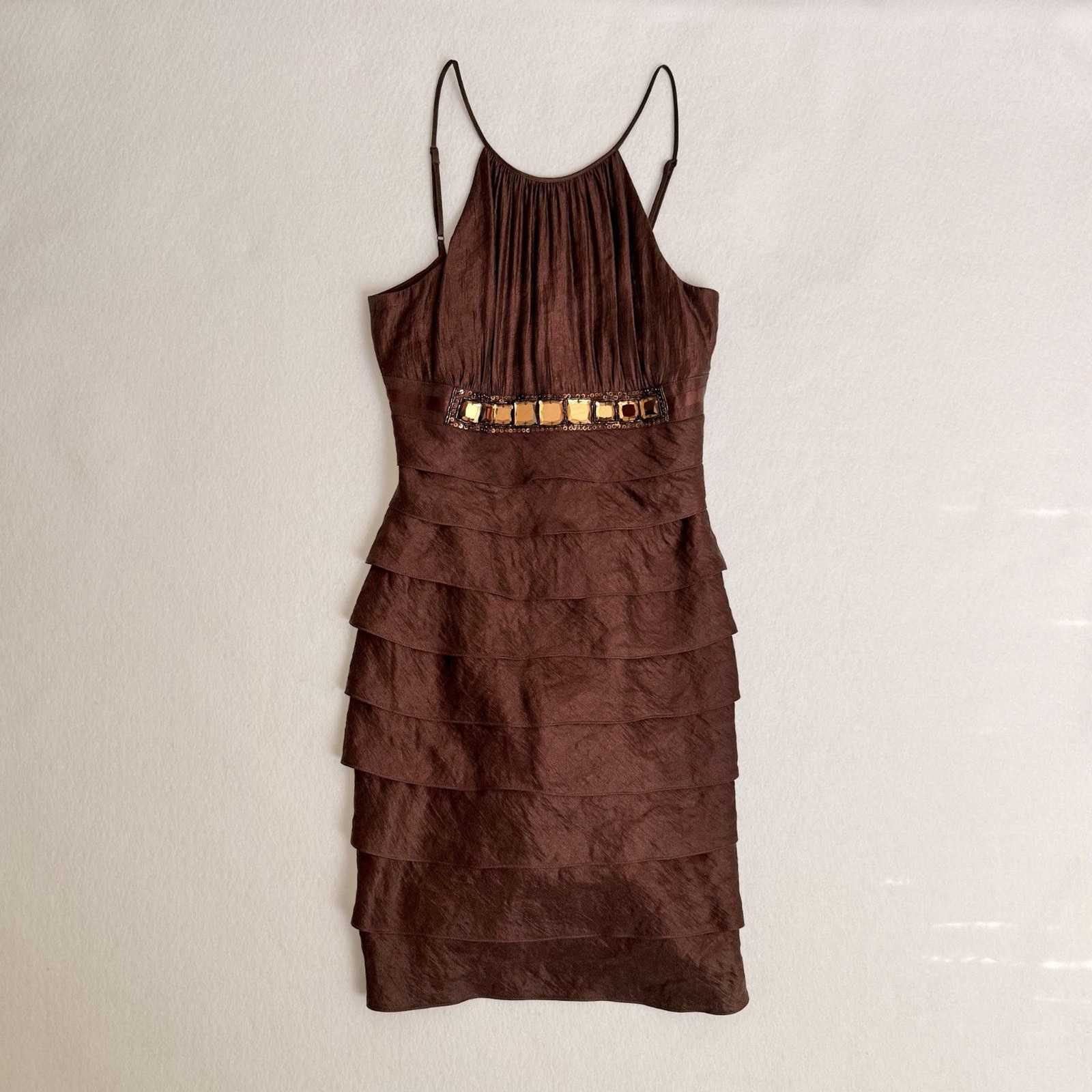 Caché Y2K Brown Iridescent Tiered Halter Mini Dress Jewel Embellishment Size 8