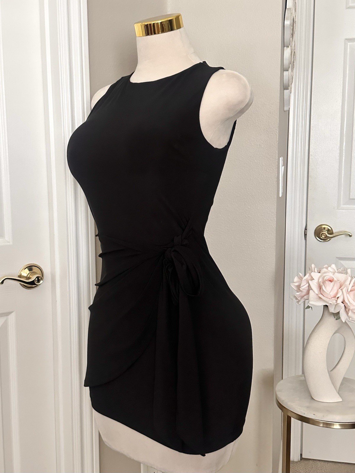 Fashion Nova Black Sleeveless Mini Wrap Dress w/ High Neck & Waist Tie Sz S