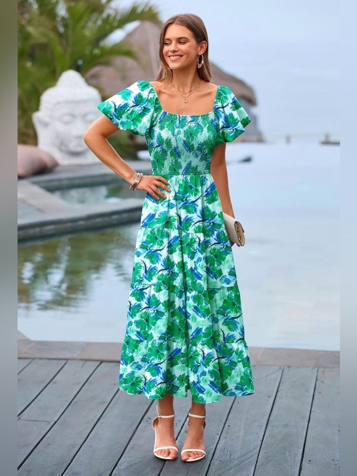 PrettyGarden Floral Smocked Midi Dress Womens Large Blue Green Puff Sleeve