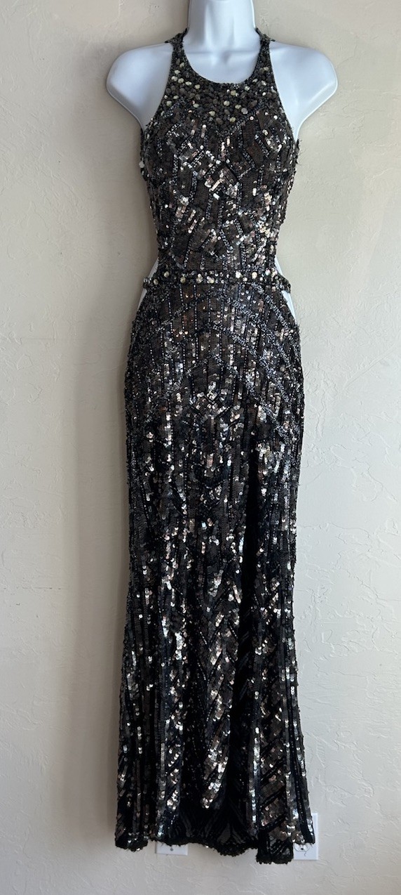 Cassandra Stone Mac Duggal Beaded Sequin Gown 6 Backless Formal Prom Thigh Slit