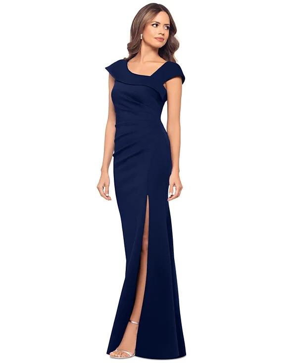 Xscape Midnight Blue Asymmetric-Neck Side-Slit Scuba Gown Size 16 $249