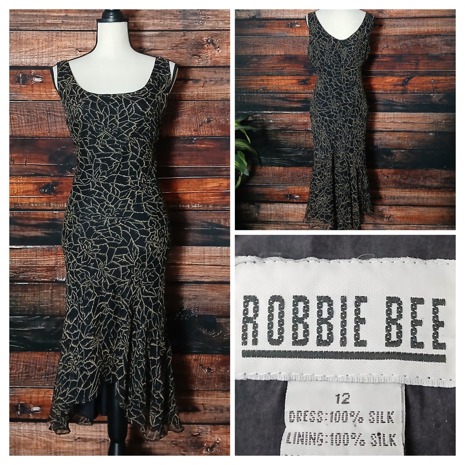 Robbie Bee Vintage Silk Midi Dress Size 12 Black Tan Abstract Floral Retro Flare