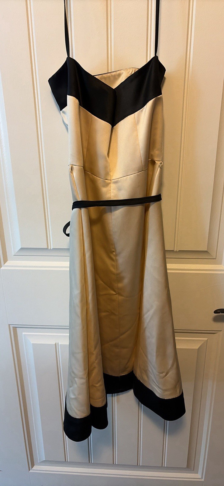 White House Black Market Beige/Black Satin Colorblock Midi Dress Sz 0