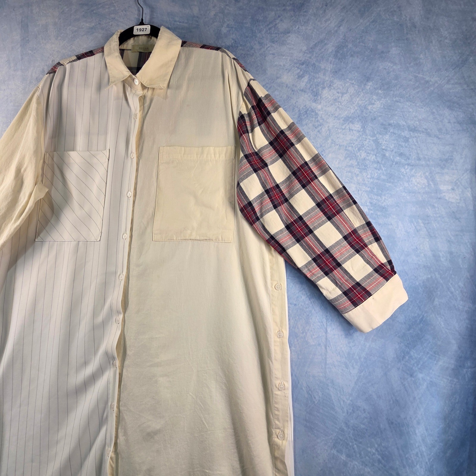 Hobak Womens Patchwork Plaid Pinstripe Oversized Button Front Shirt Dress Cream