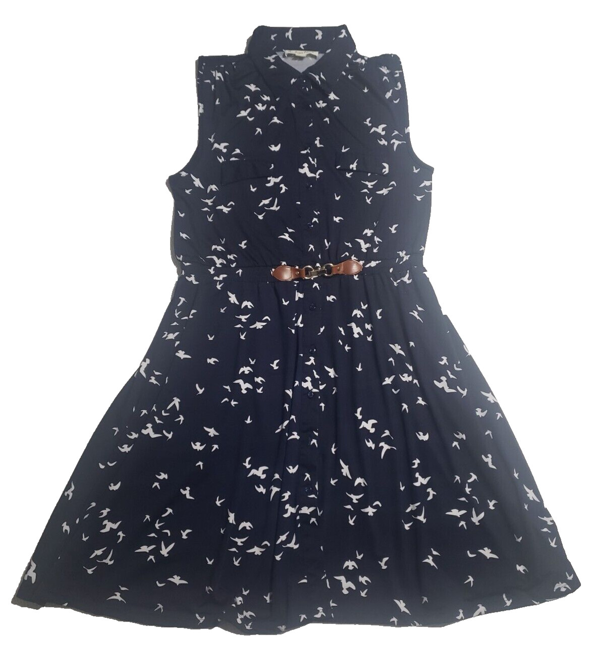 INDIGO ROSE Womens Button Down Dress SIZE L Sleeveless Navy Blue Seagulls Print