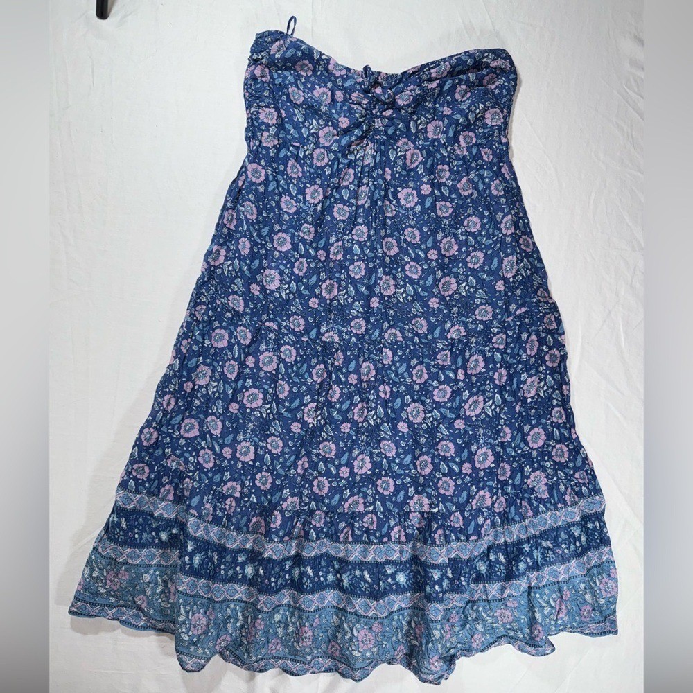 J.Crew Vintage Womens Midi Dress Blue Floral Block Print Strapless Size M Cotton