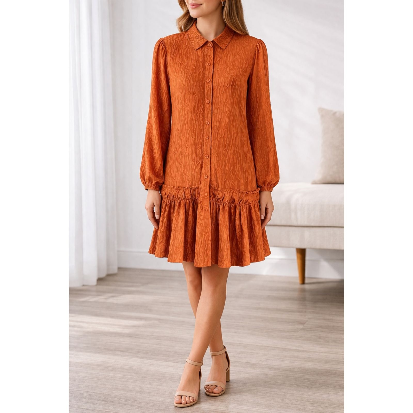 Cotton Poplin Taylor Tillman Harper Long Sleeve Shirt Dress Brown S