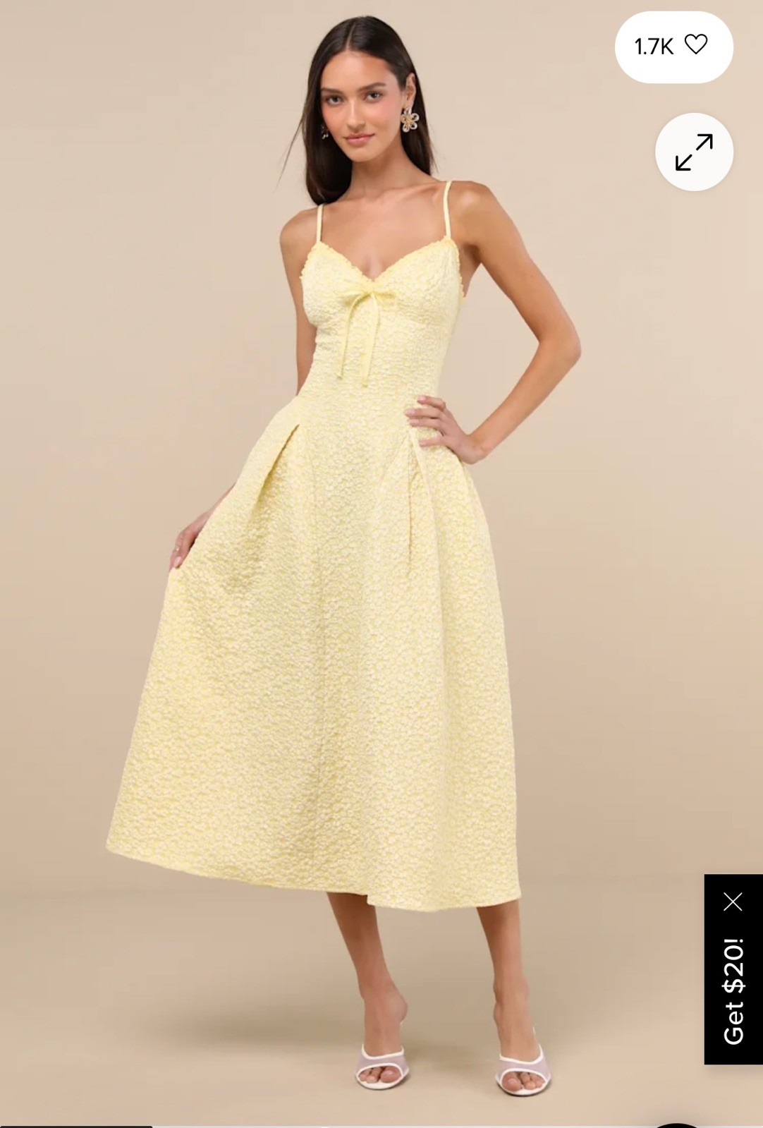 Lulus Ninetta Yellow Jacquard V-Neck Lace-Up Back Midi Dress Spaghetti Strap M