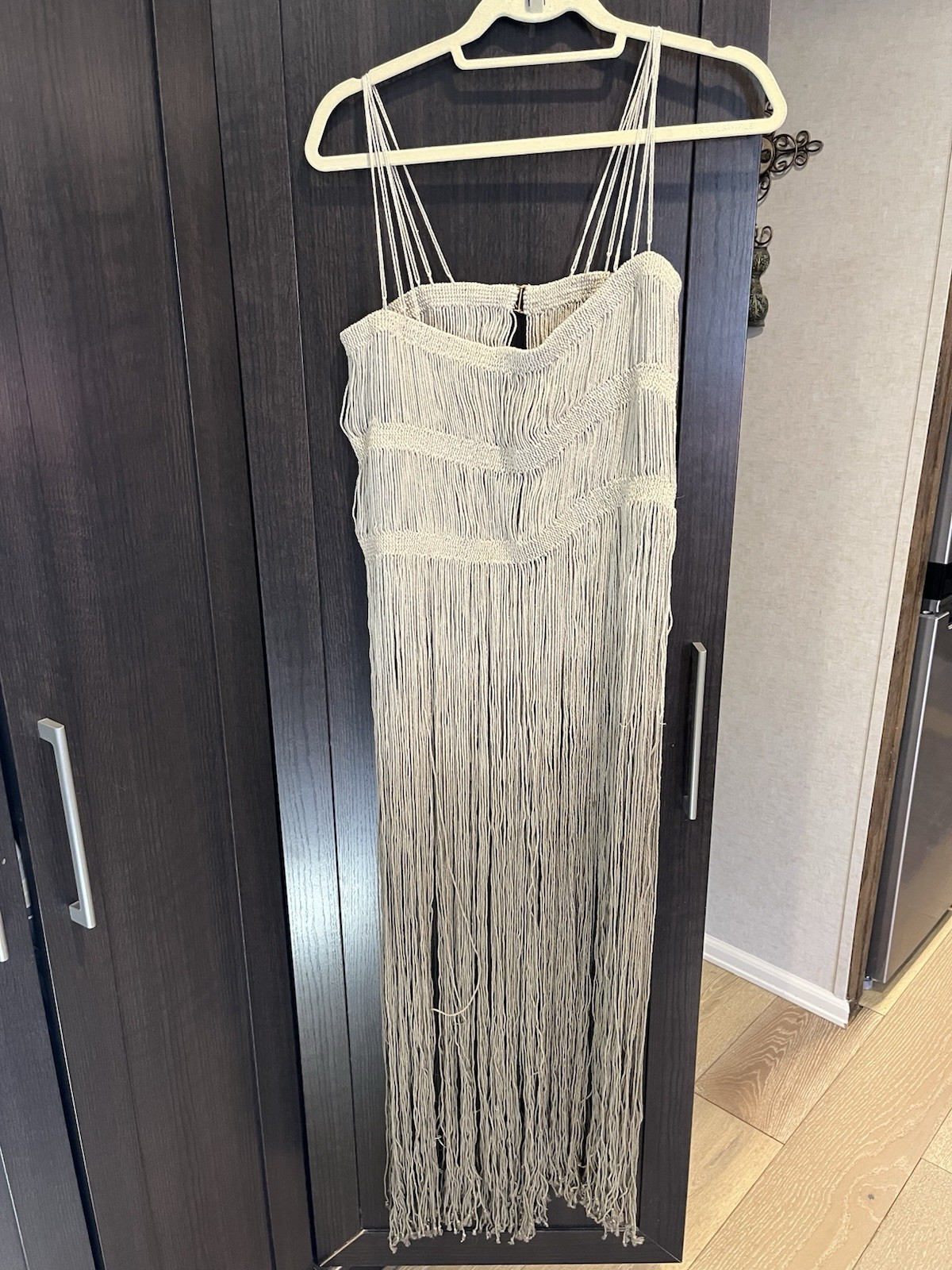 Ayawear Fringe sheath Dress Square Neck Spaghetti Strap Zipper Long Maxi S