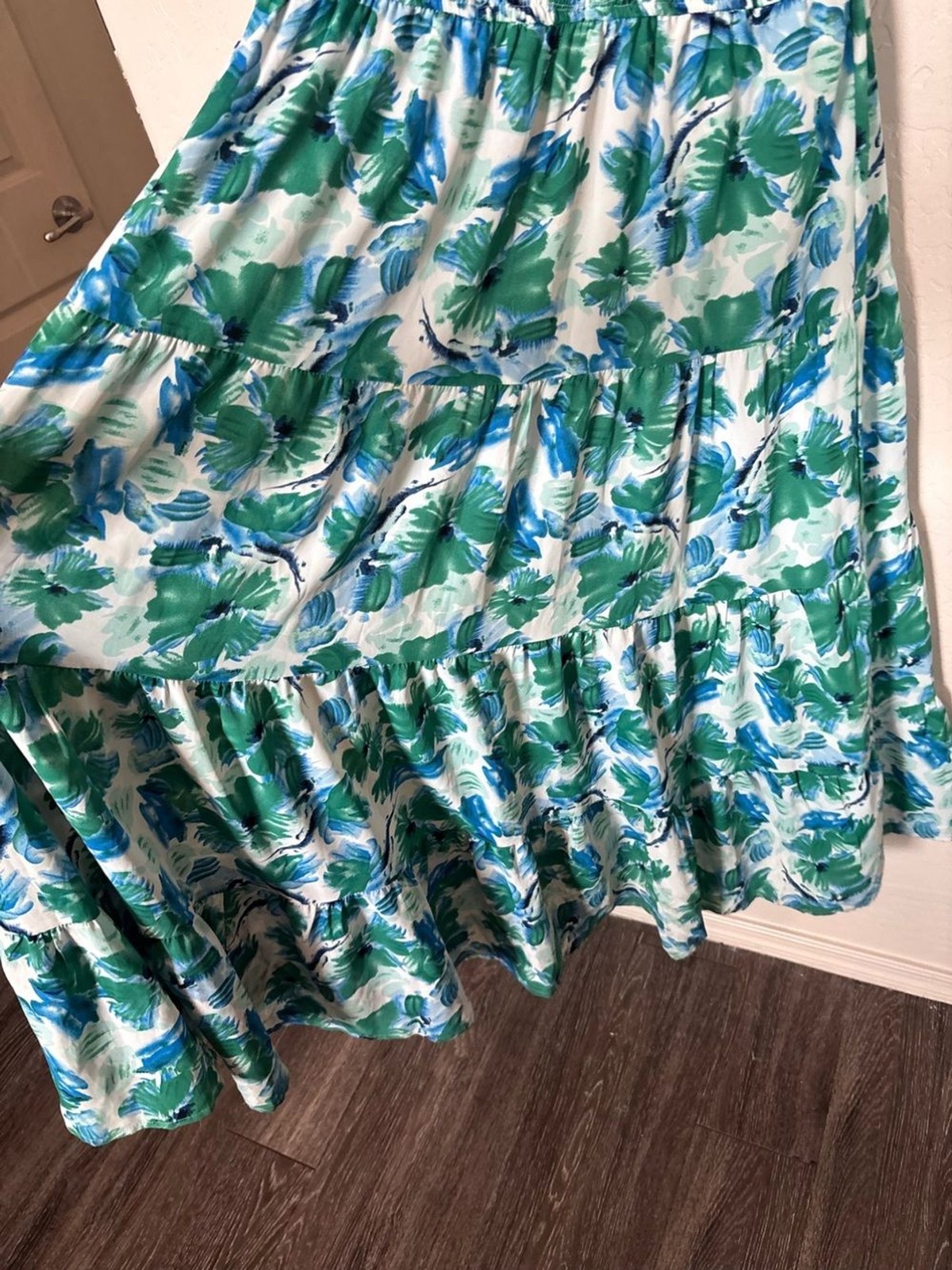PrettyGarden Floral Smocked Midi Dress Womens Large Blue Green Puff Sleeve
