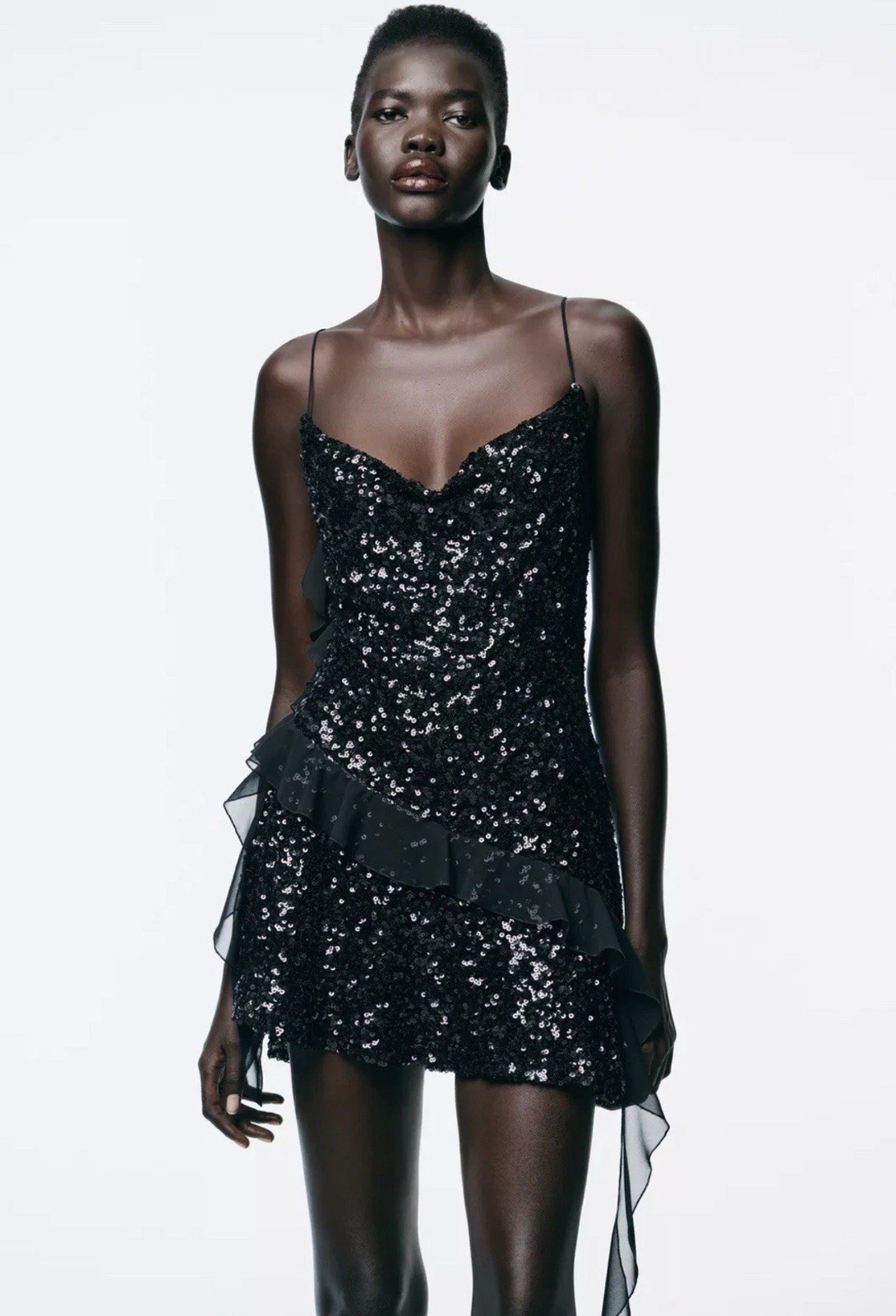 ZARA Women’s Mini Dress Black Sequin Ruffle Thin Straps Clubwear Size M