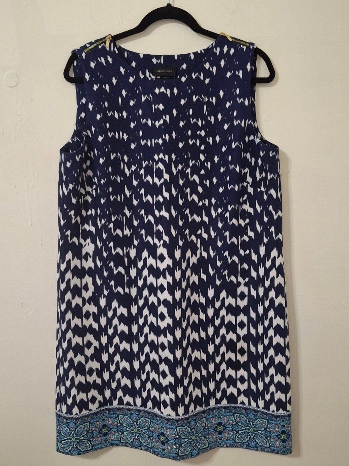 VTG AB Studio Shift Dress Size 14 Bue Geometric Border Hem Shoulder zip Retro