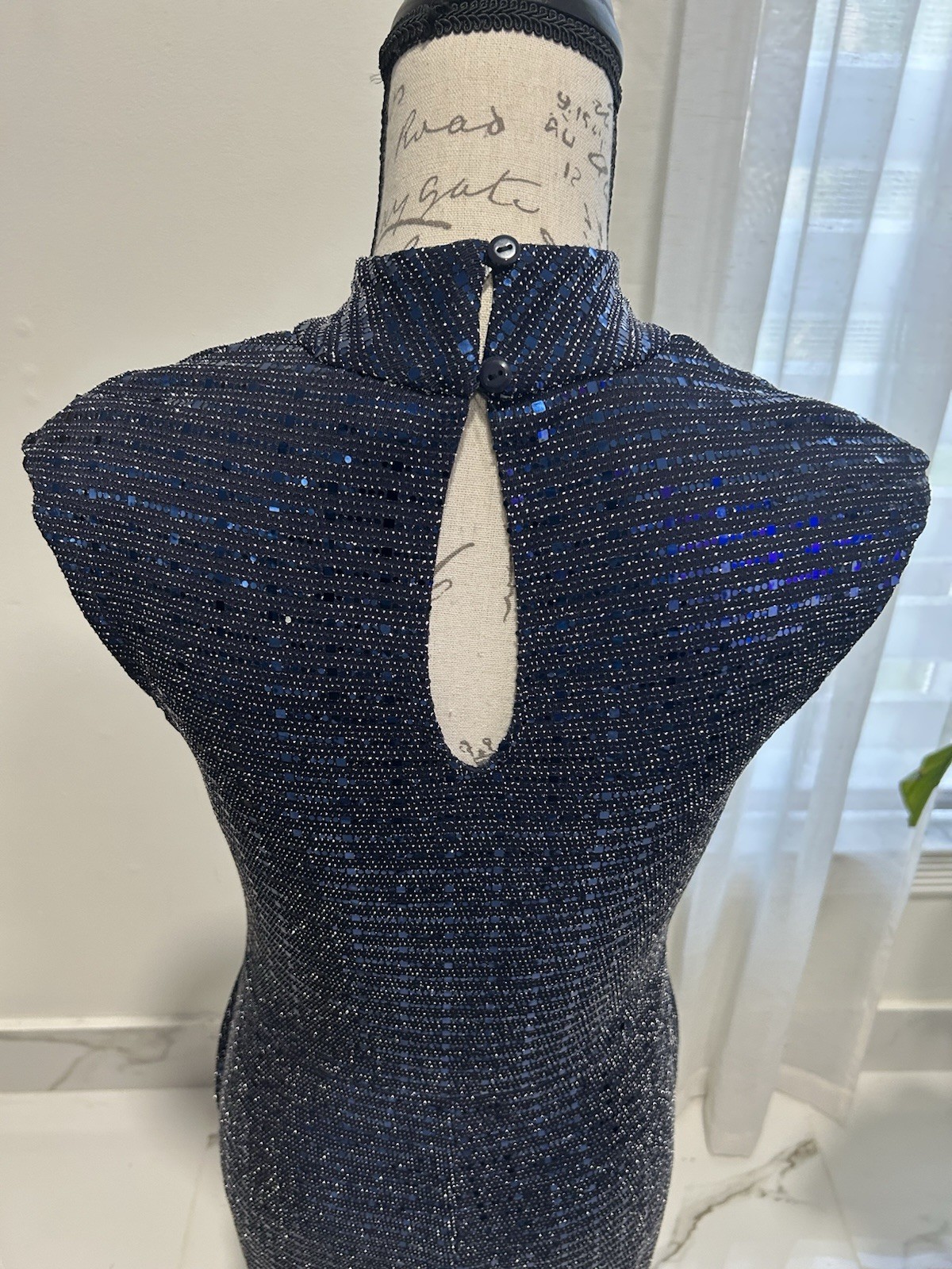 En Focus Studio Navy Sequin Mock Neck Keyhole Sleeveless Sheath Stretch Dress 8