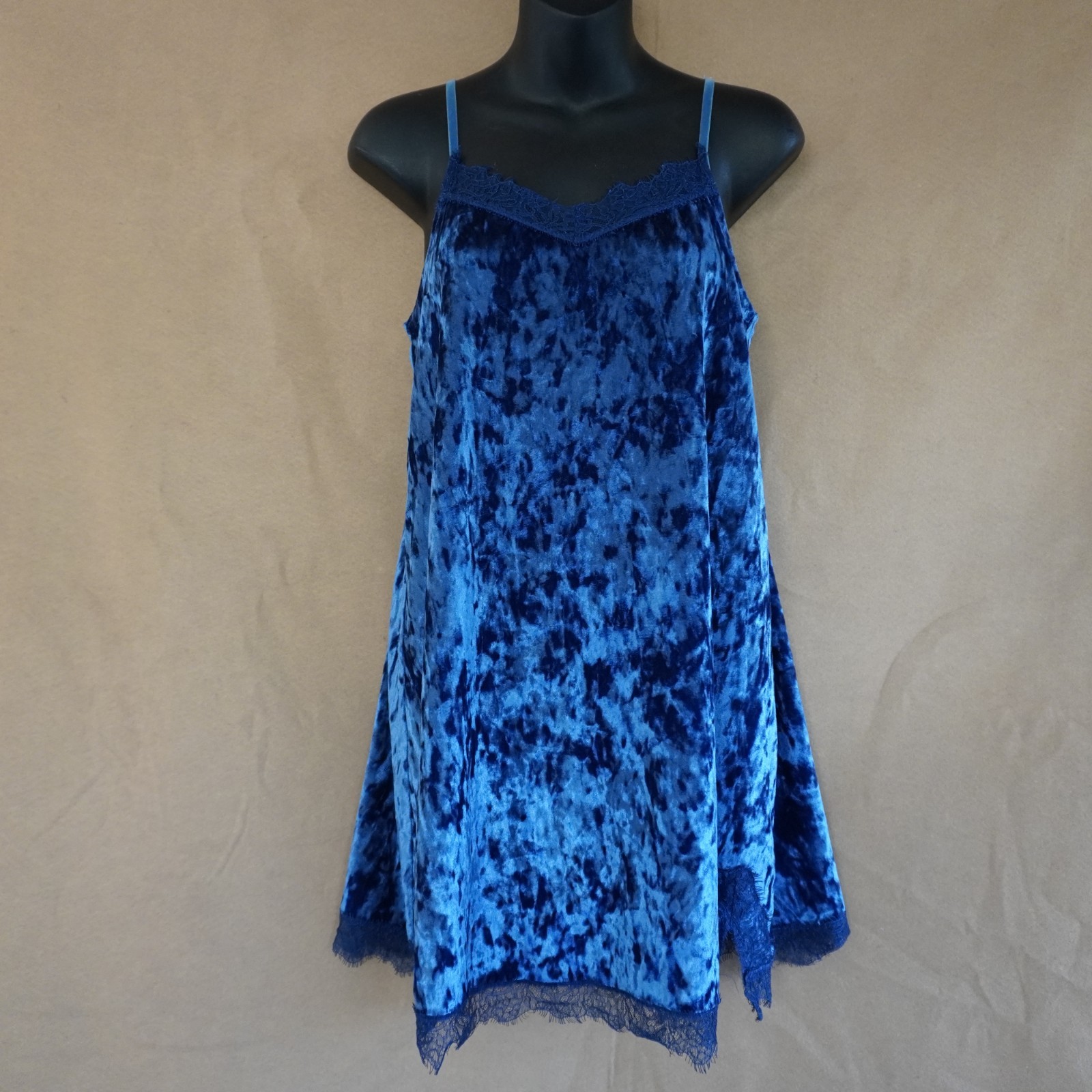 Tahari Velvet Slip Dress Royal Blue Lace Trim Side Slit Mini Party Womens Size S
