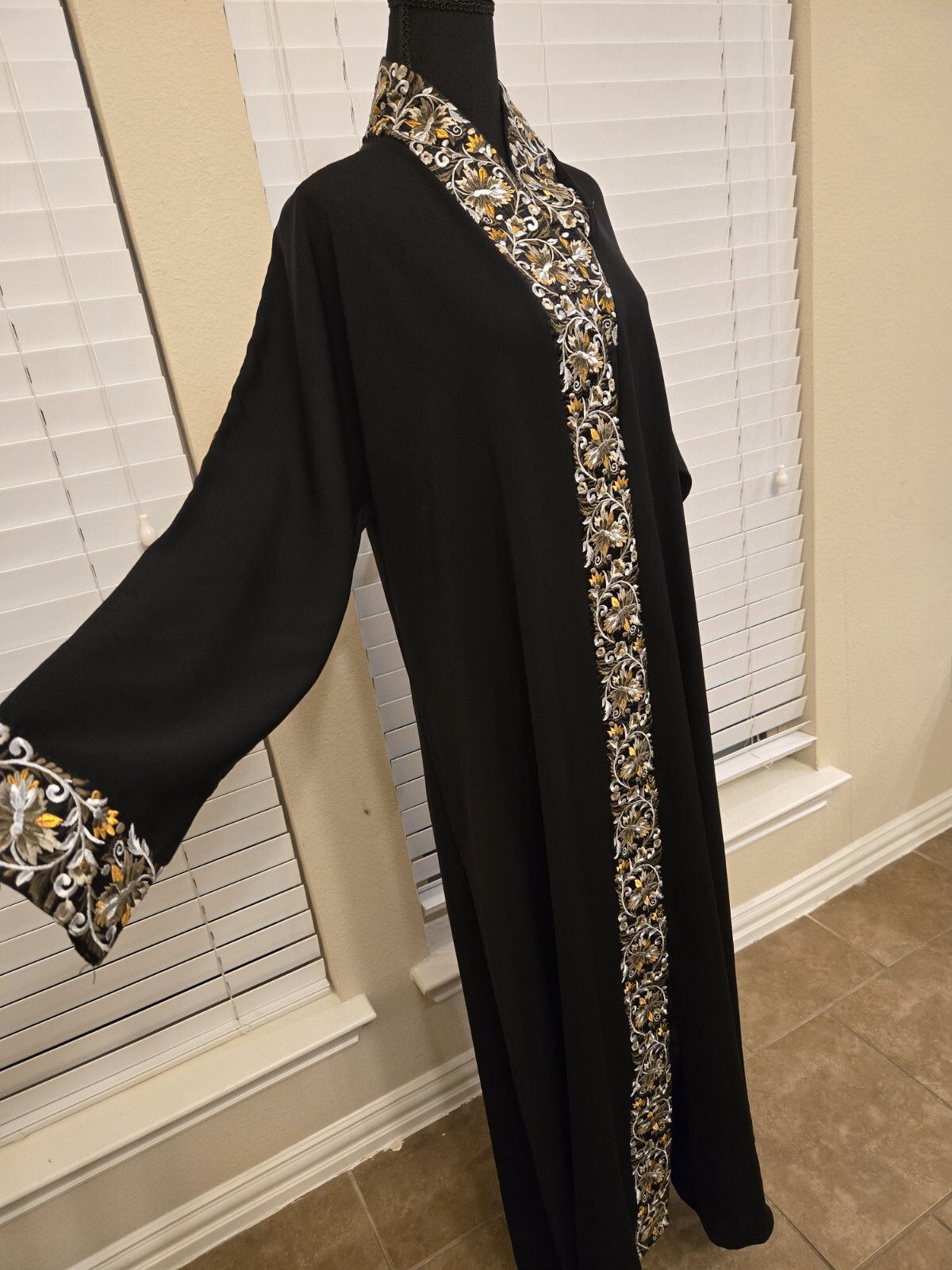 Women Dubai Black Abaya Formal Wear Embroidered Front Button USA Seller
