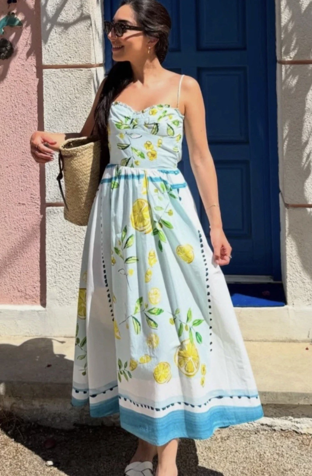 Zara Lemon Print Long Poplin Dress Light Blue Green Size XS 3454/347 New