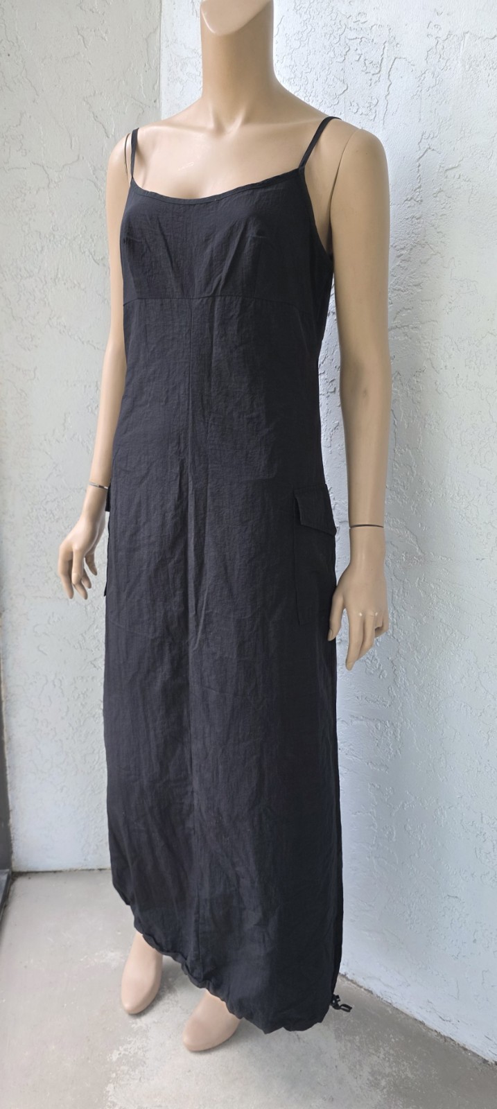 Vintage 90s 579 Nylon Cargo Utility Maxi Dress Black Goth Drawstring Hem Medium