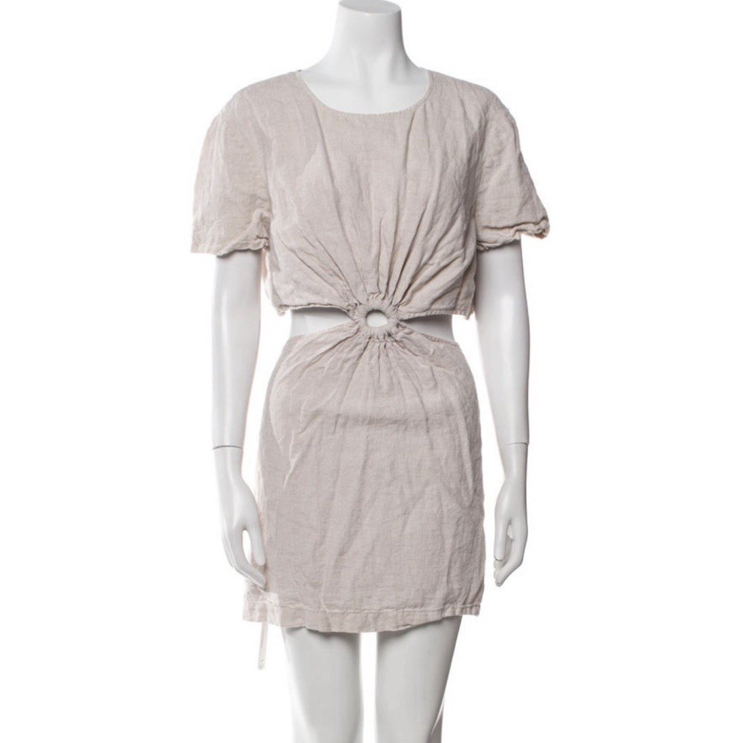 Staud Beige Solid Linen Woven Cut-Out Puff Sleeve Round Neck Mini Dress XL