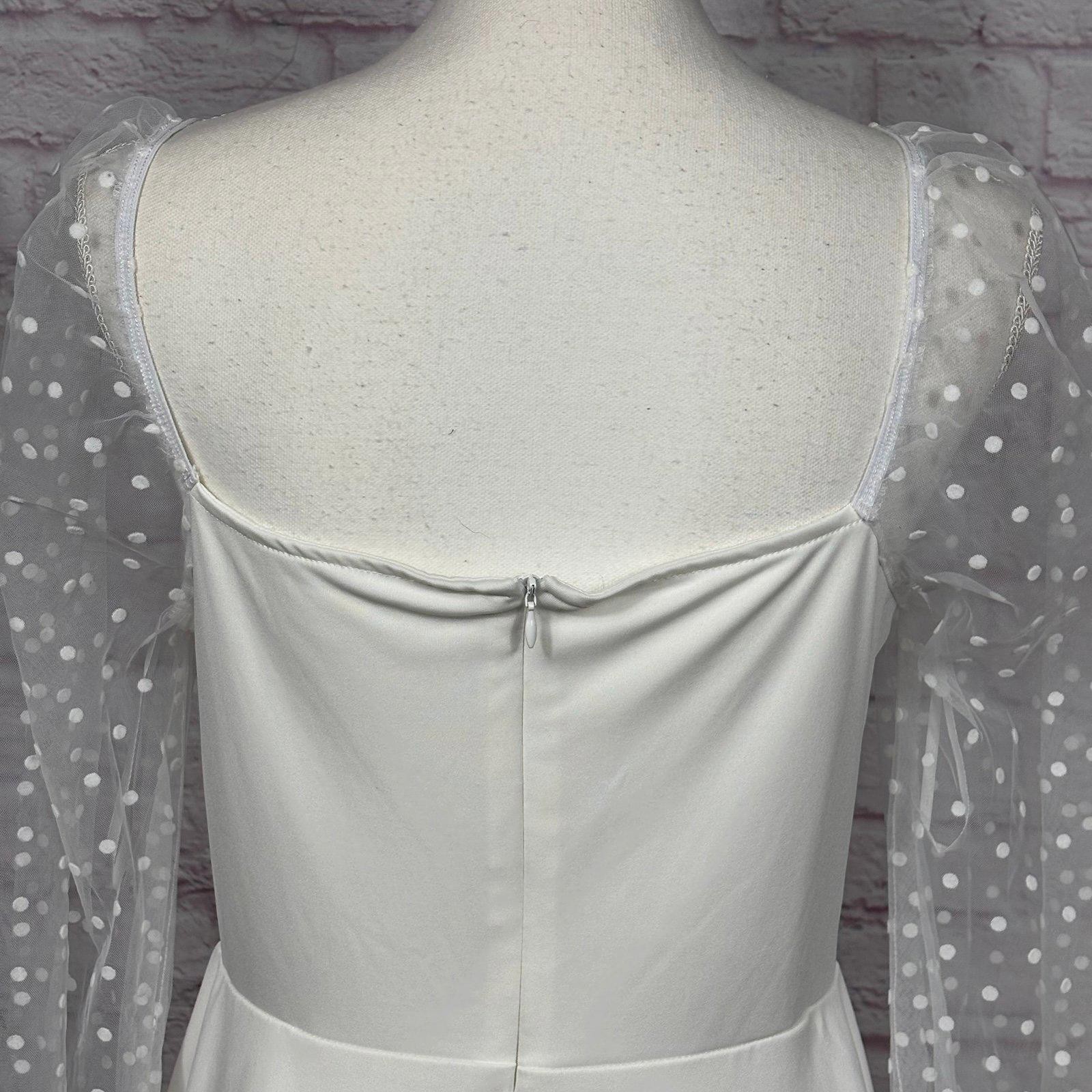 White Polka Dot Mesh Sleeve Fit & Flare Mini Dress Large