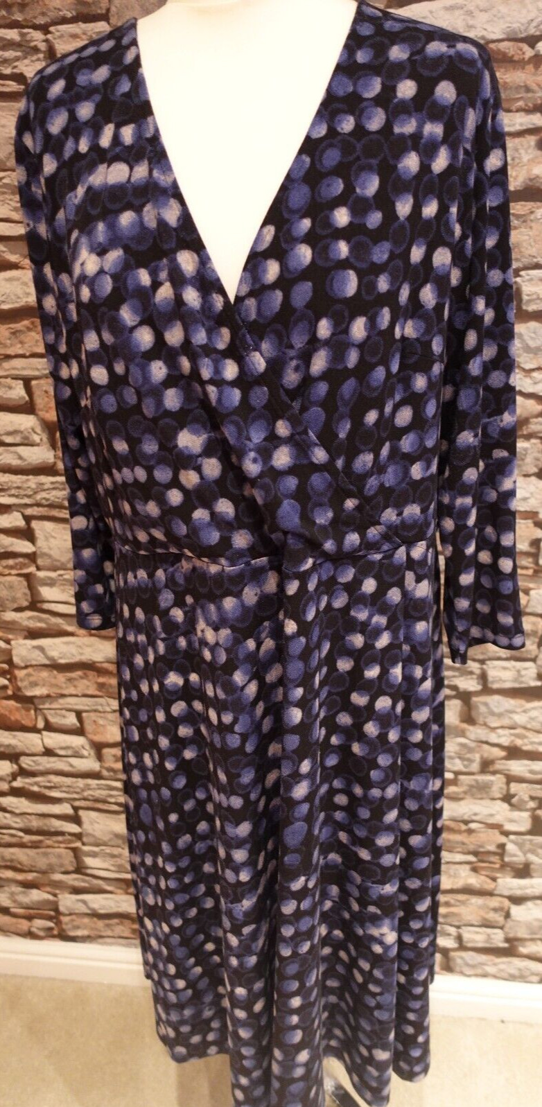 H&M Very Stylish Pullover 3/4 Sleeve Spotted Dress Navy/Lighter Blue Size EUR XL