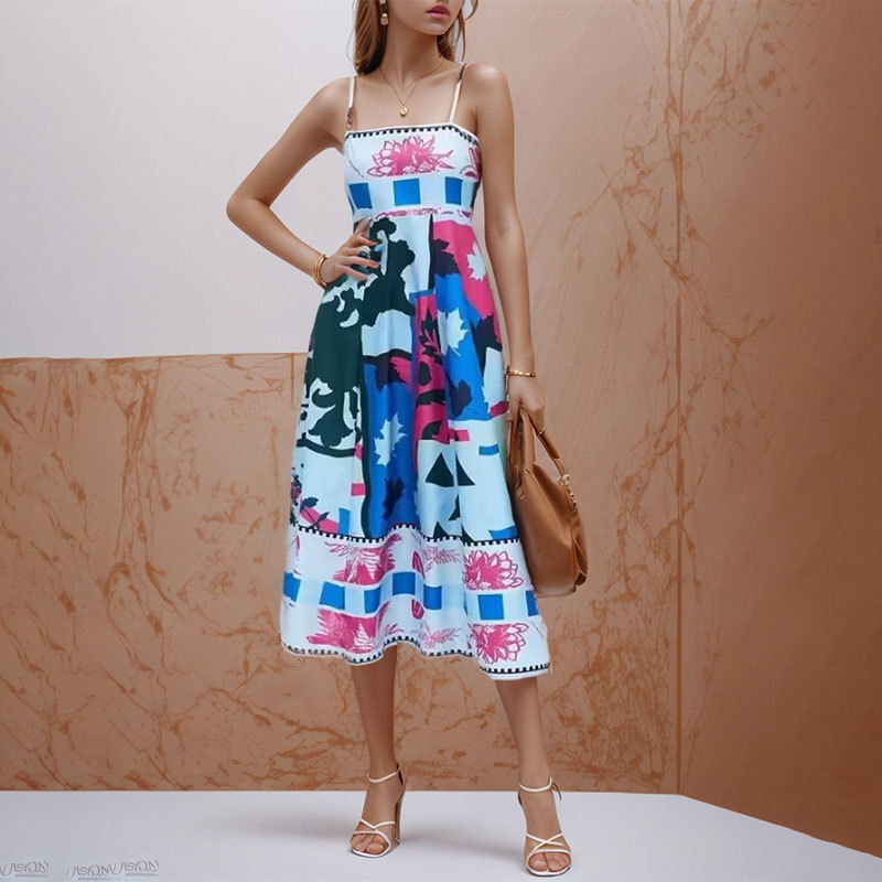 Spring Women’s New Style Elegant High Waist Printed Strap Casual Fashion Dress