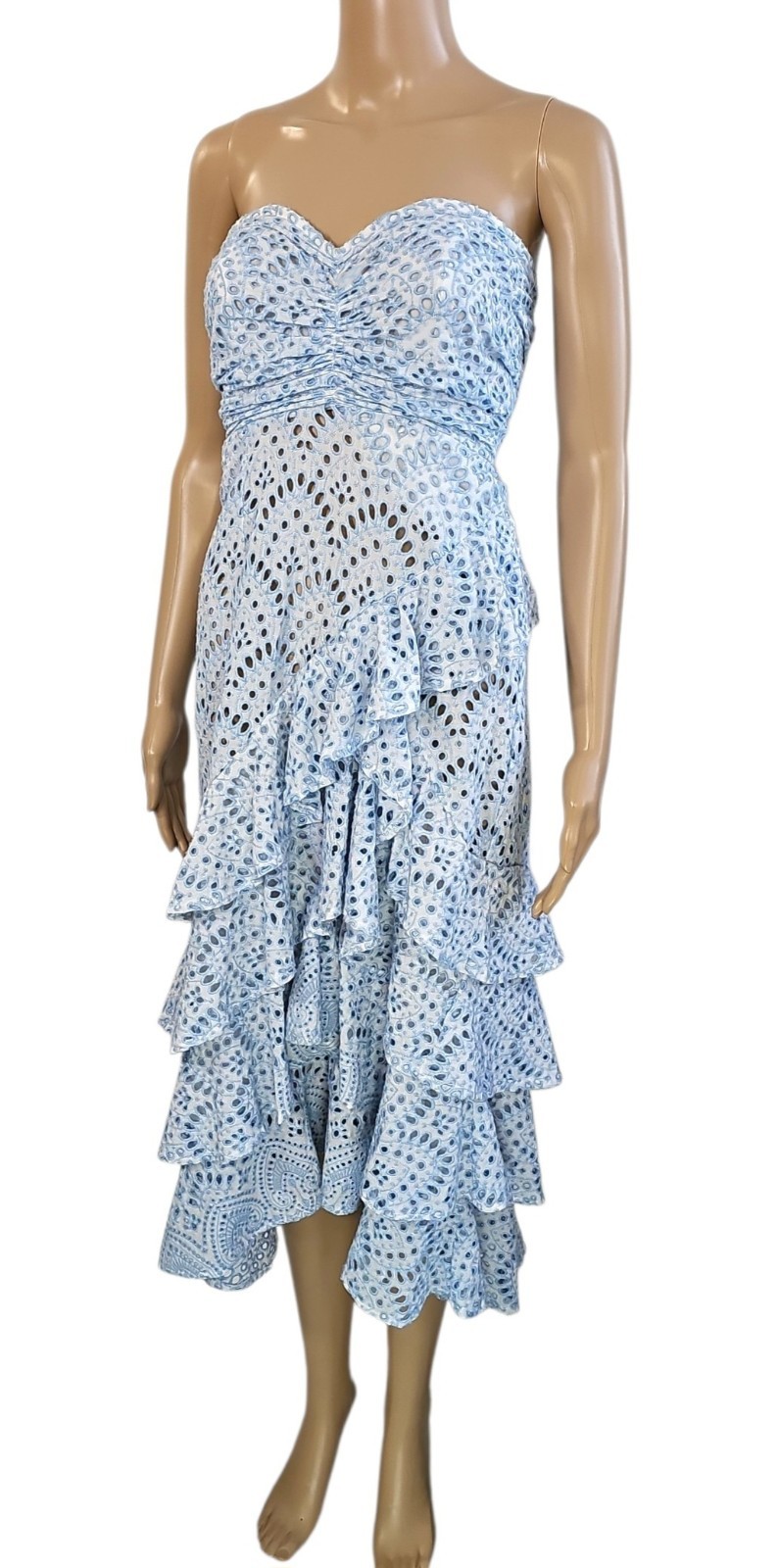 SUNDRESS Flavie Blue Eyelet Strapless Tiered Ruffle Midi Dress S $264