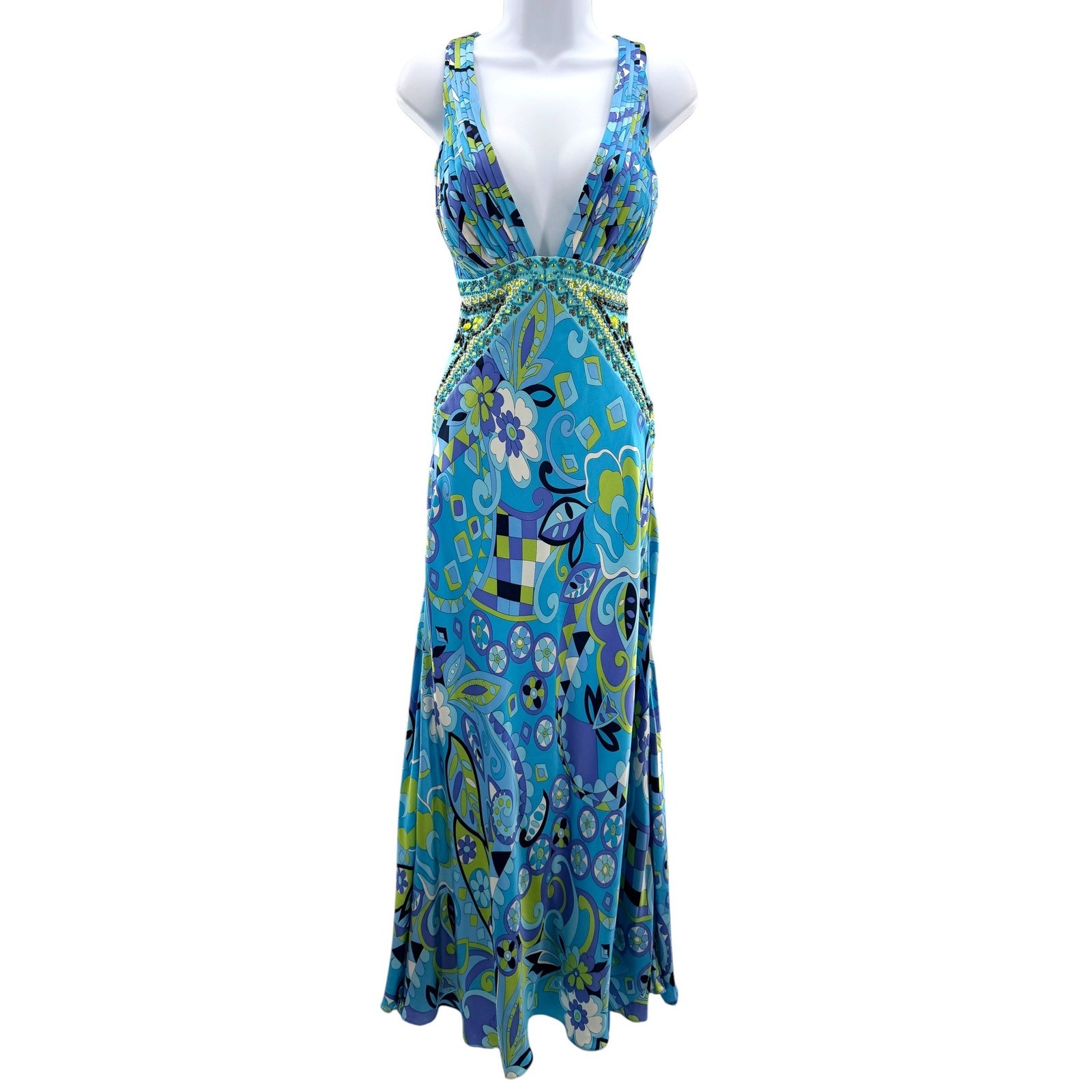 Sue Wong Nocturne Blue Silk Beaded Psychedelic Floral Maxi Dress Open Back 12