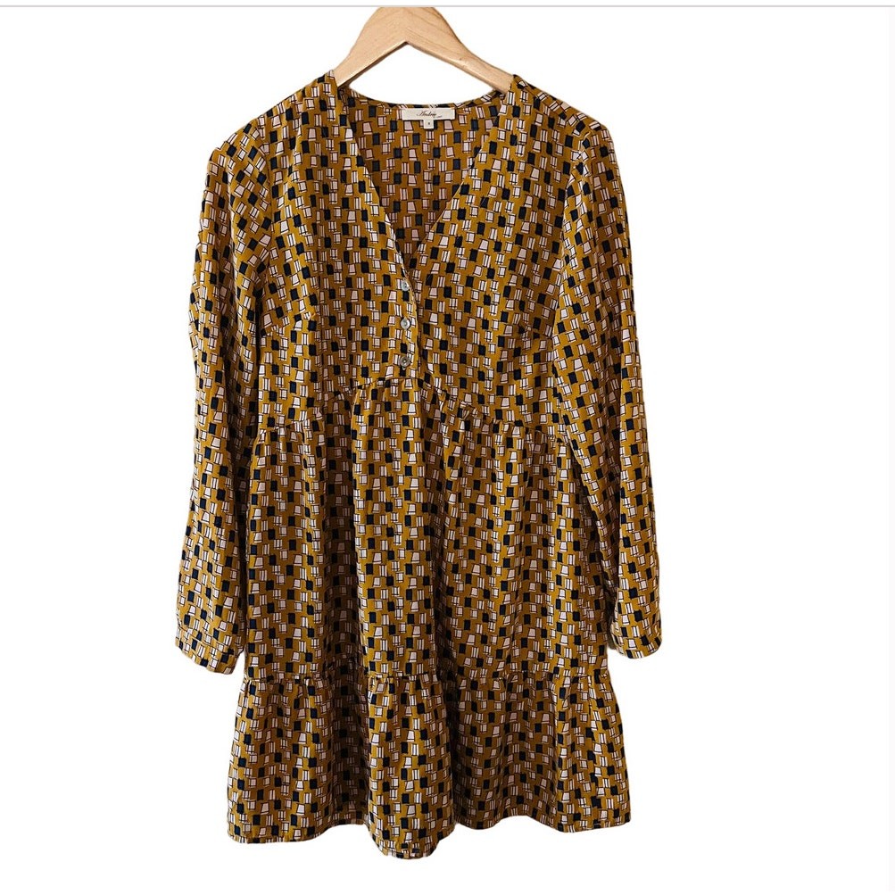 Andrew By Unit Abstract Print V Neck Long Sleeve Dress Size S Small