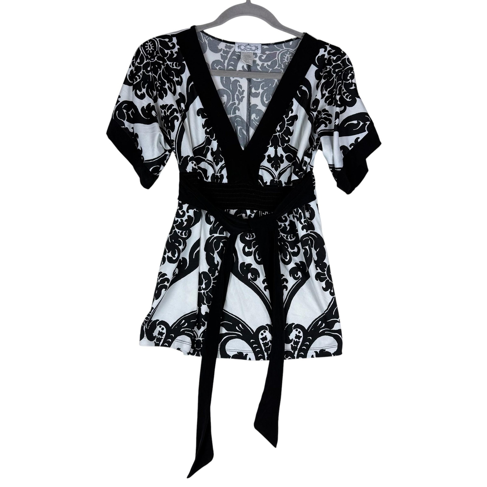 Trixxi Dress Juniors Medium Black White Floral V Neck Belted Kimono Sleeve Short