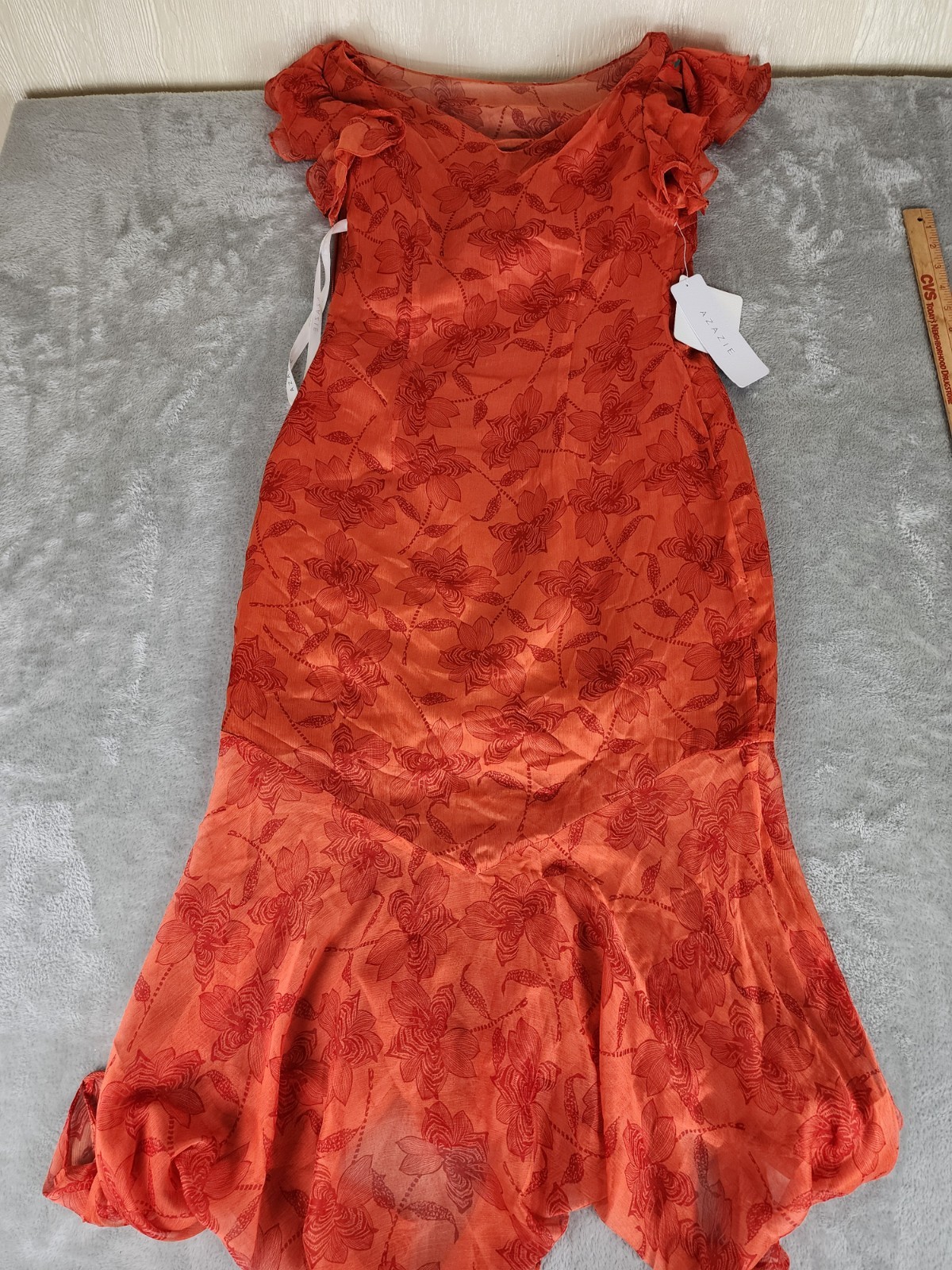 Azazie Atelier Amaria Orange Floral Ruffle Maxi Dress, Zip Closure, Women 10