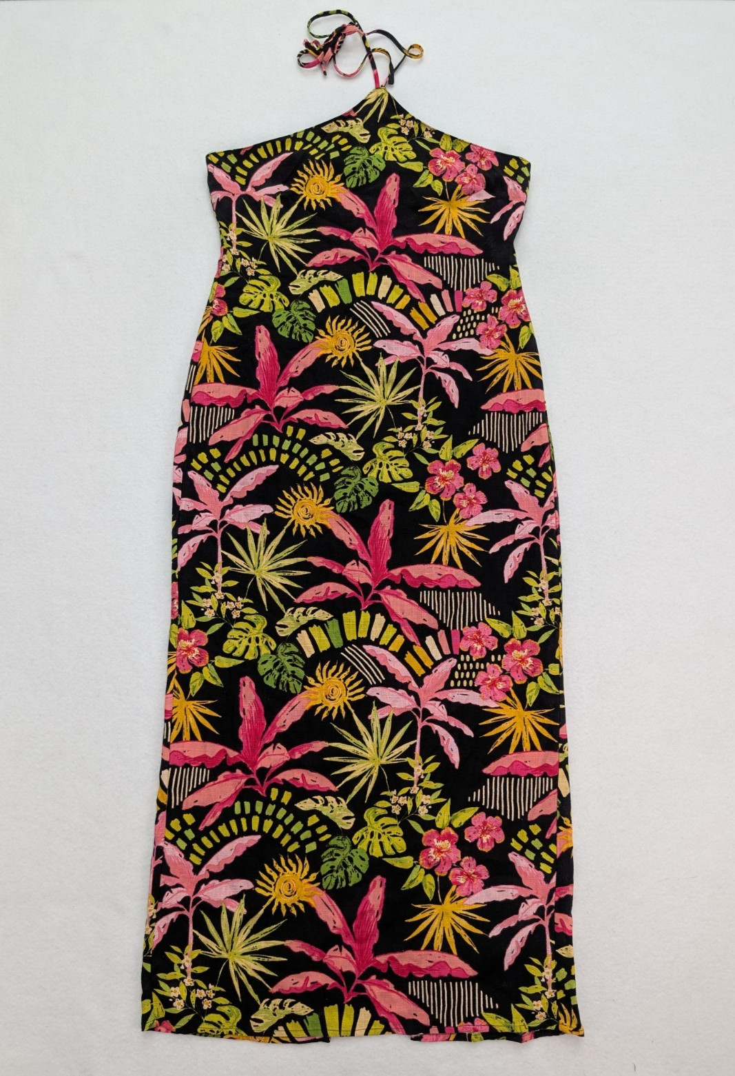 En Creme Women’s Dress Size L Maxi Tropical Floral Linen Blend Halter NEW