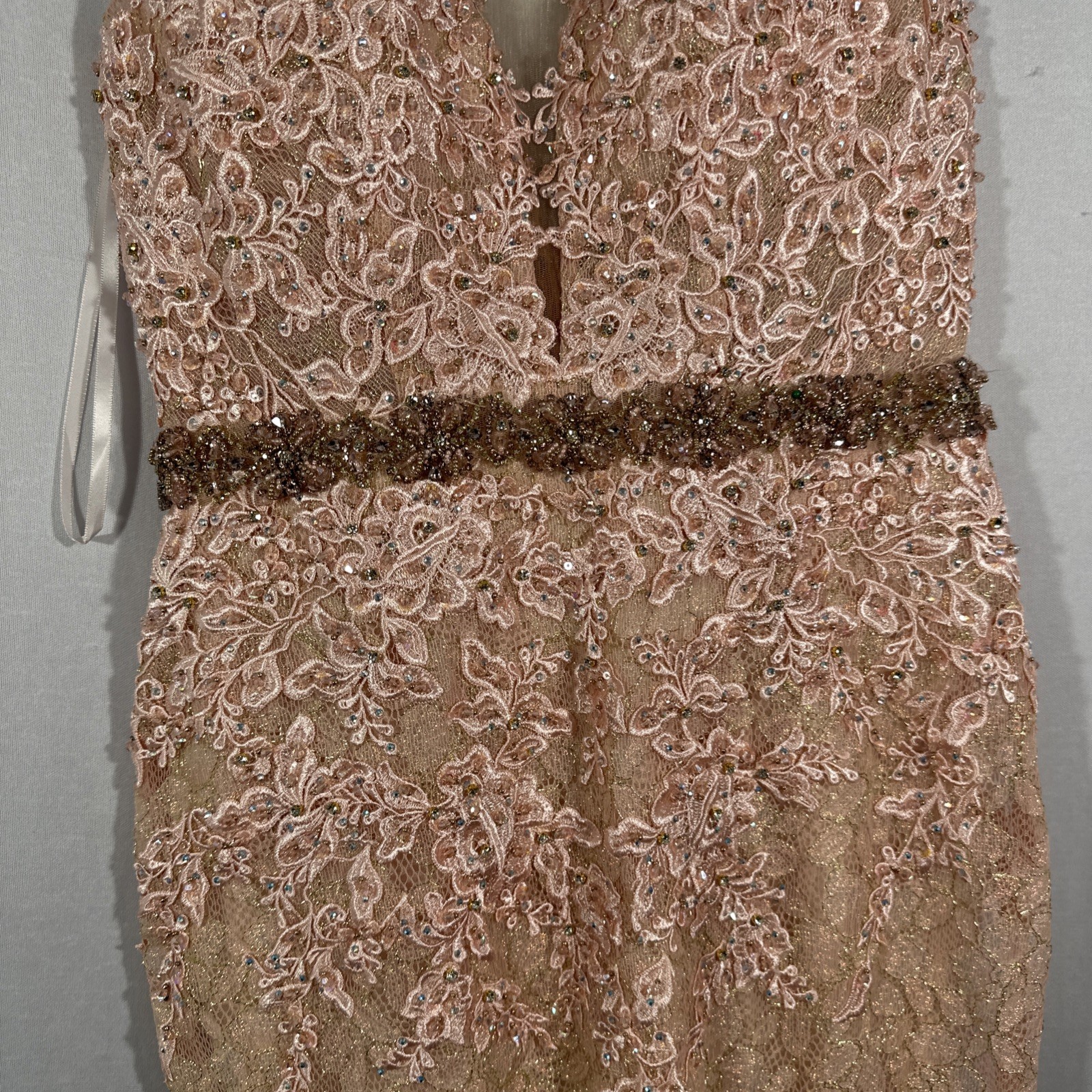 NWT Mac Duggal [ 0 ] 79341 Applique Plunge Neck Trumpet Gown in Blush Pink J1644