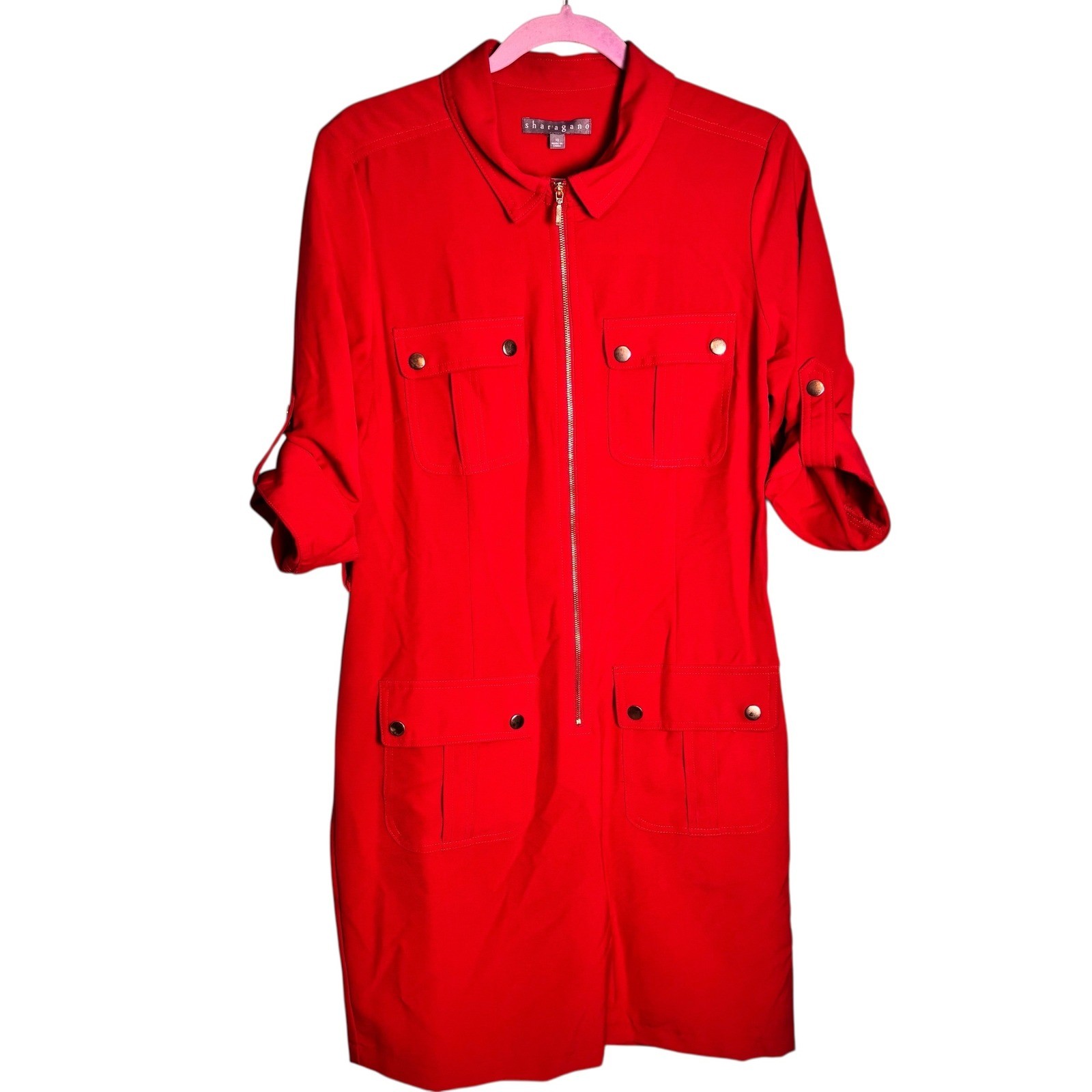 SHARAGANO Red Utility Zip Front Shirt Dress Roll Tab Sleeves Pockets Size 10