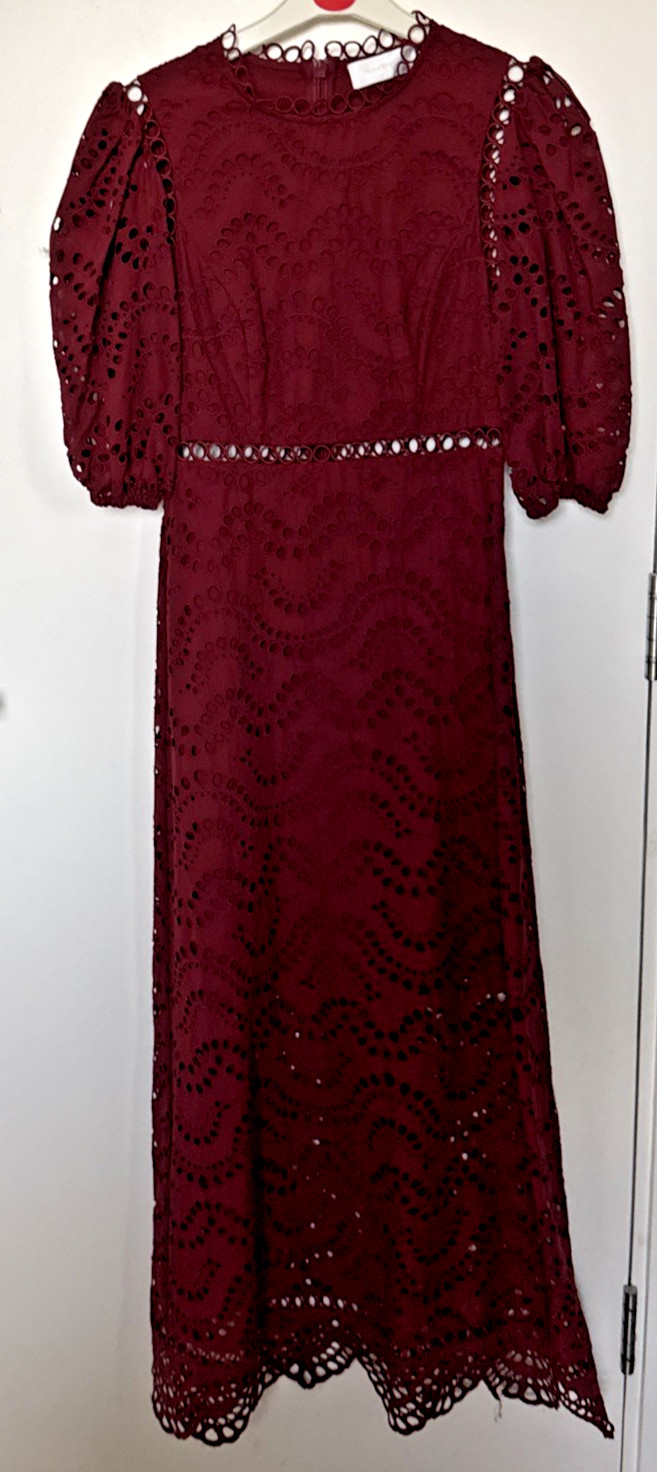 Zimmermann Jaya Wave Bodice Midi Dress Size 1 UK8 Merlot Burgundy Wedding guest